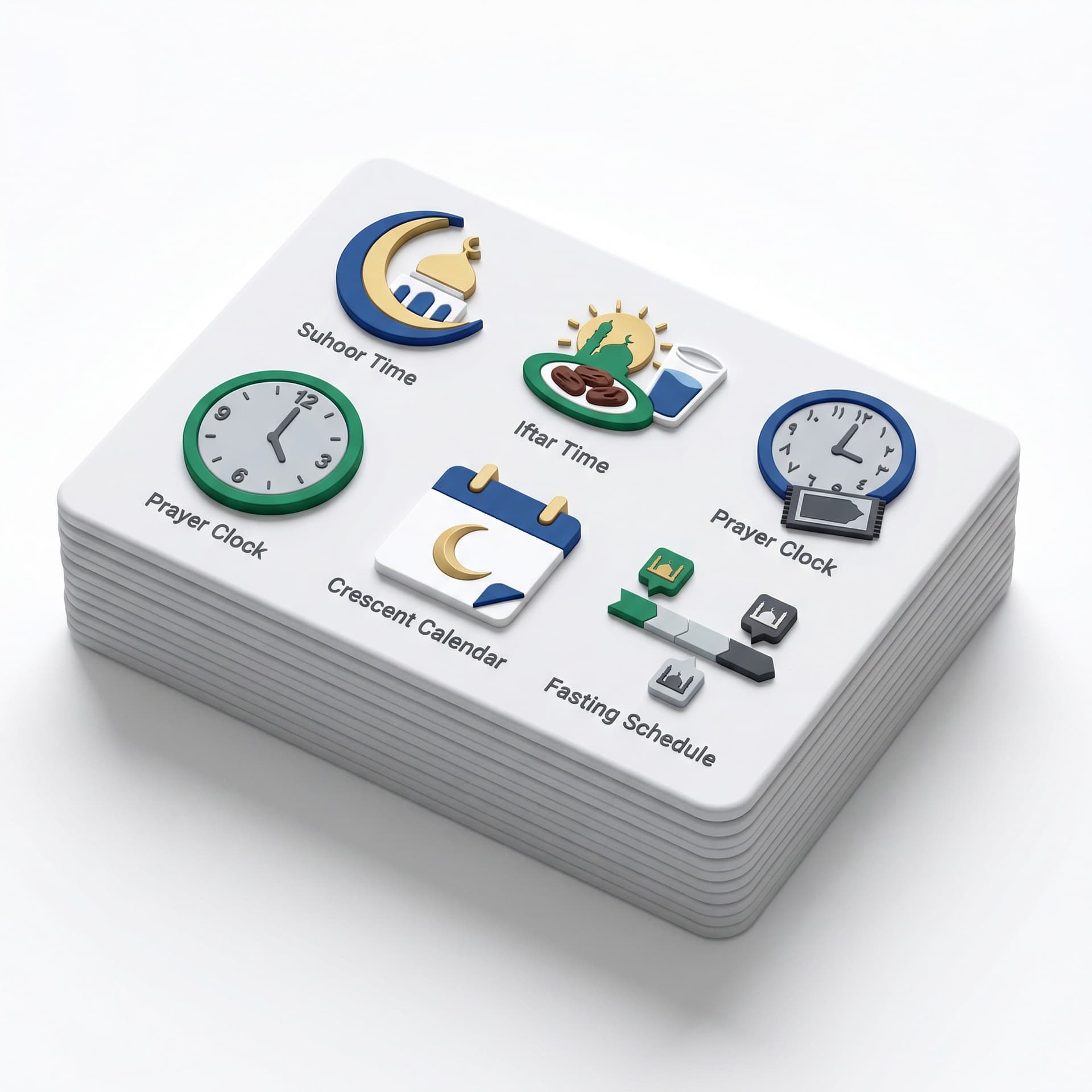 Flat icon sheet pack of Ramadan time management icons, suhoor time, iftar time, prayer clock, crescent calendar, fasting schedule, modern flat vector icon system, exactly 6 colors (blue, green, gold, white, light gray, dark gray)