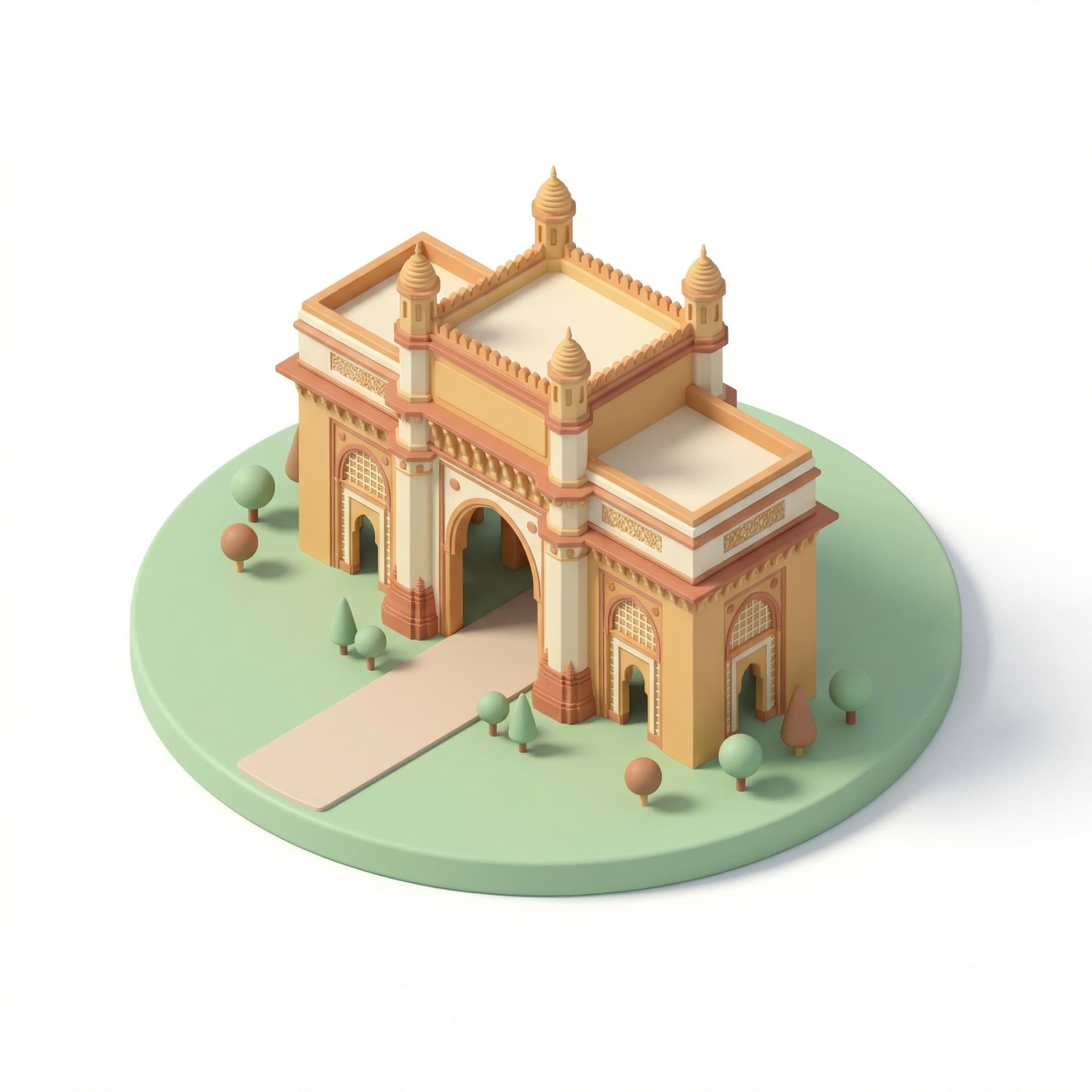 Gateway of India, Mumbai, designed as a clean pastel clay-style icon. The monument sits centered on a smooth circular green base platform with tiny stylized trees and a simple walkway.