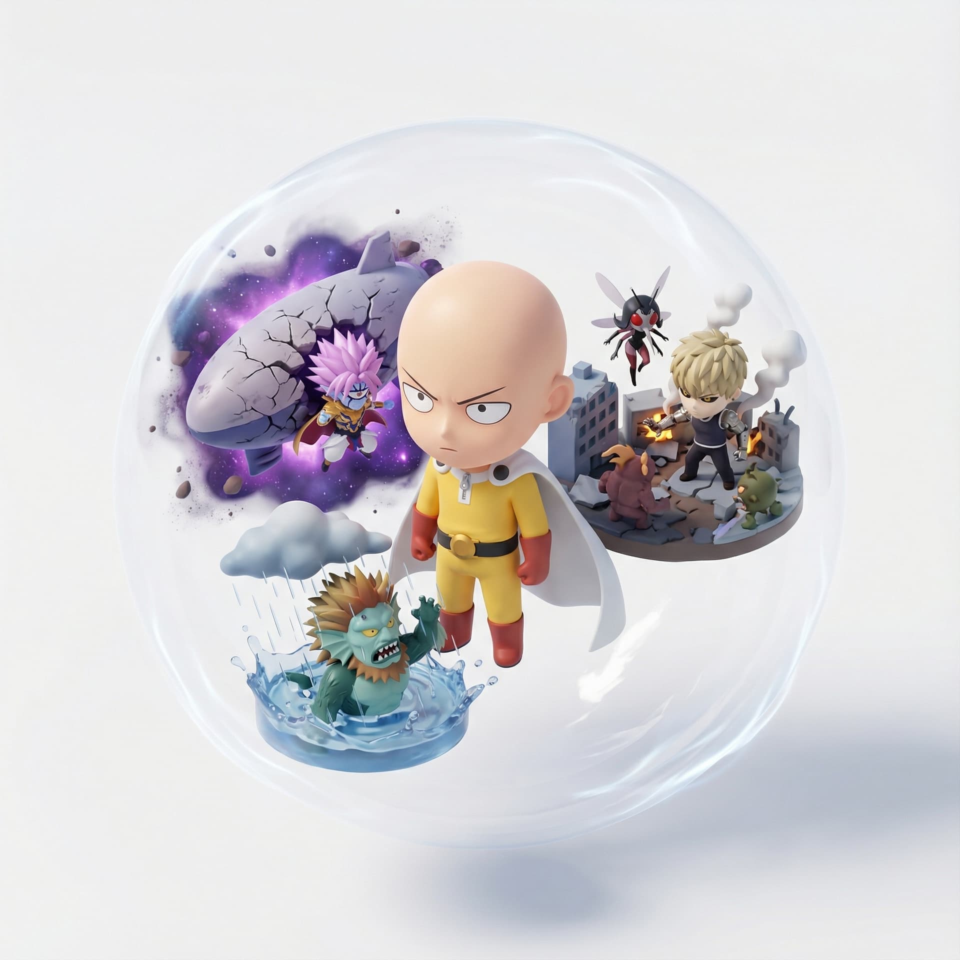 a suspended, adorable three-dimensional stylized vignette of one punch man, higlighting its legendary signature moments. Amplify the mood through environmental effects and atmospheric conditions.