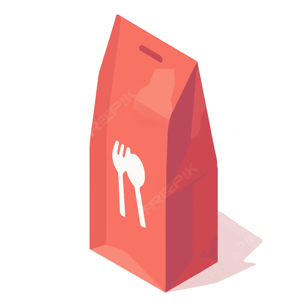 a red food paper bag, with food image on the outside
