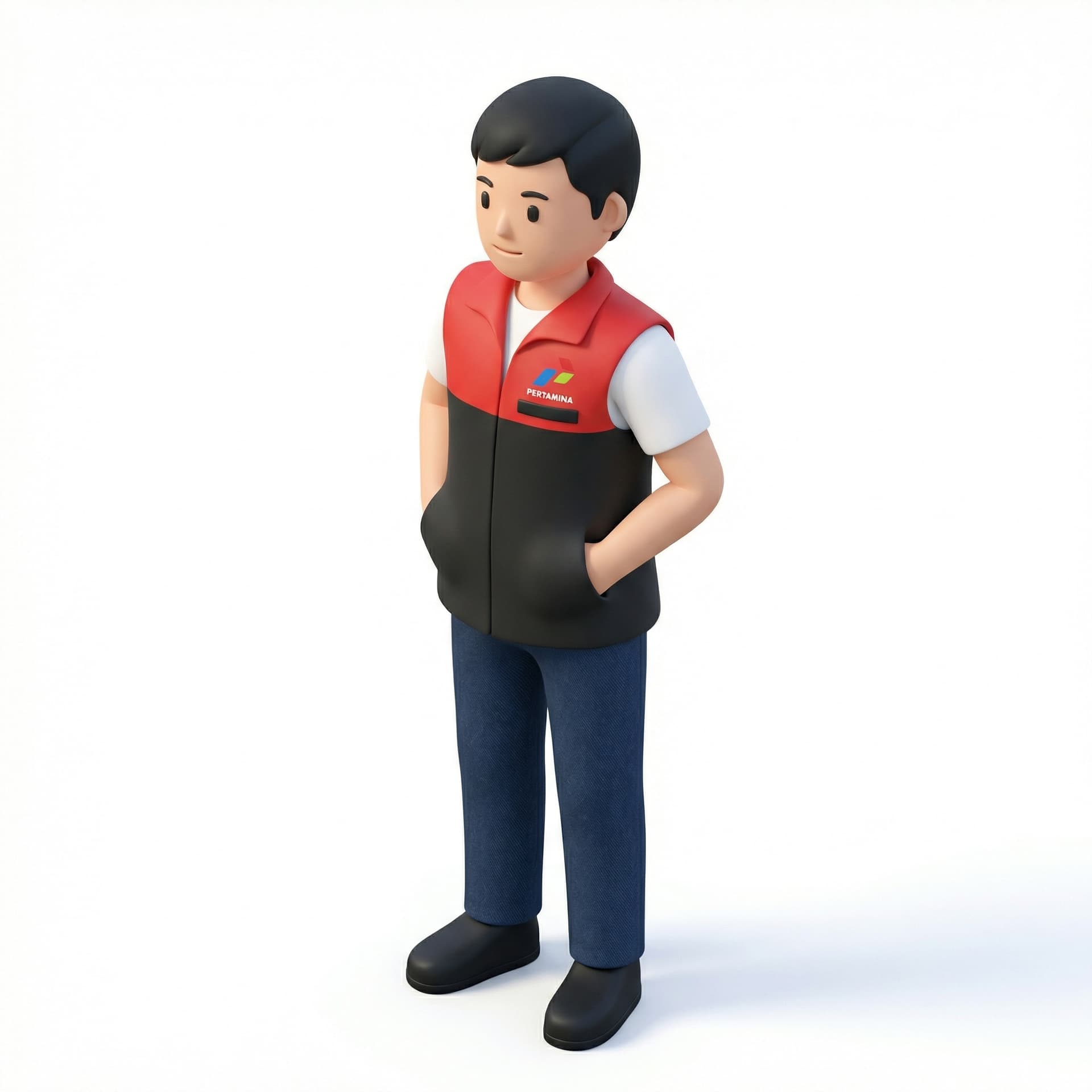 buatkan character 1 orang pertamina pakai seragam seperti di gambar, merahnya diatas, hitamnya dibawah, lalu pakai topi merah ada logo pertamina