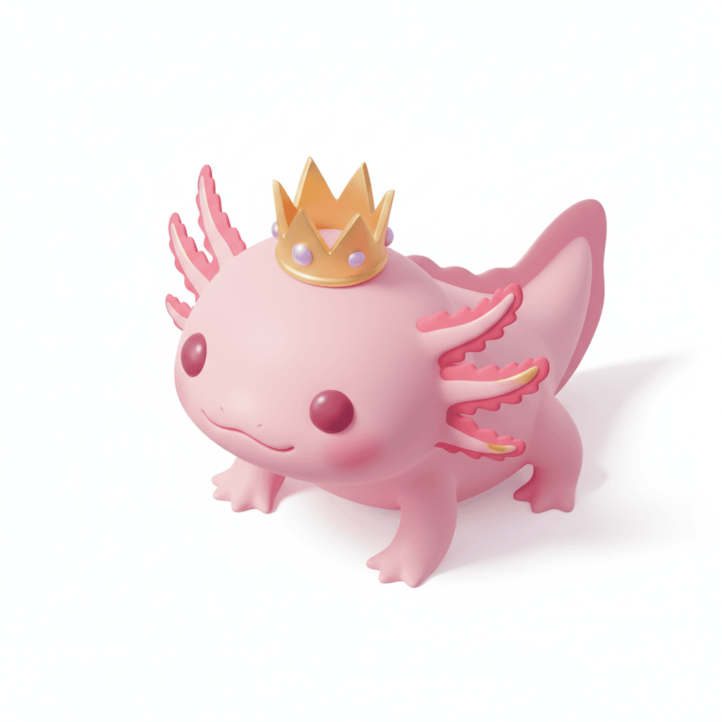 Cute axolotl wearing a tiny crown, royal kawaii style, pastel gold accents, smooth round outlines, minimal background, microstock-quality composition focused on the character.  