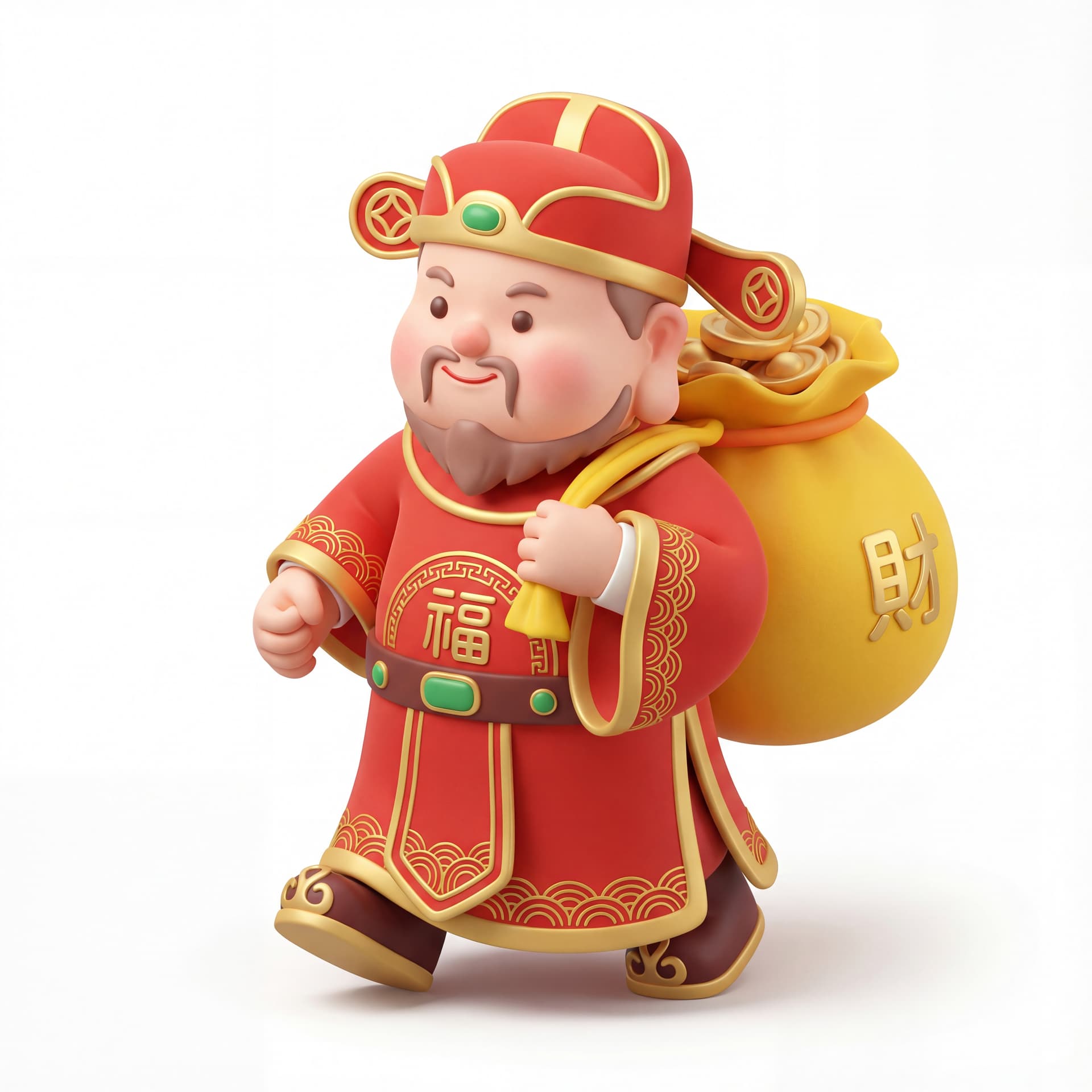 A full-body portrait of a cute God of Wealth walking forward while carrying a prosperity pouch over one shoulder, soft rounded facial features, lighthearted confident movement, isolated on a white background.