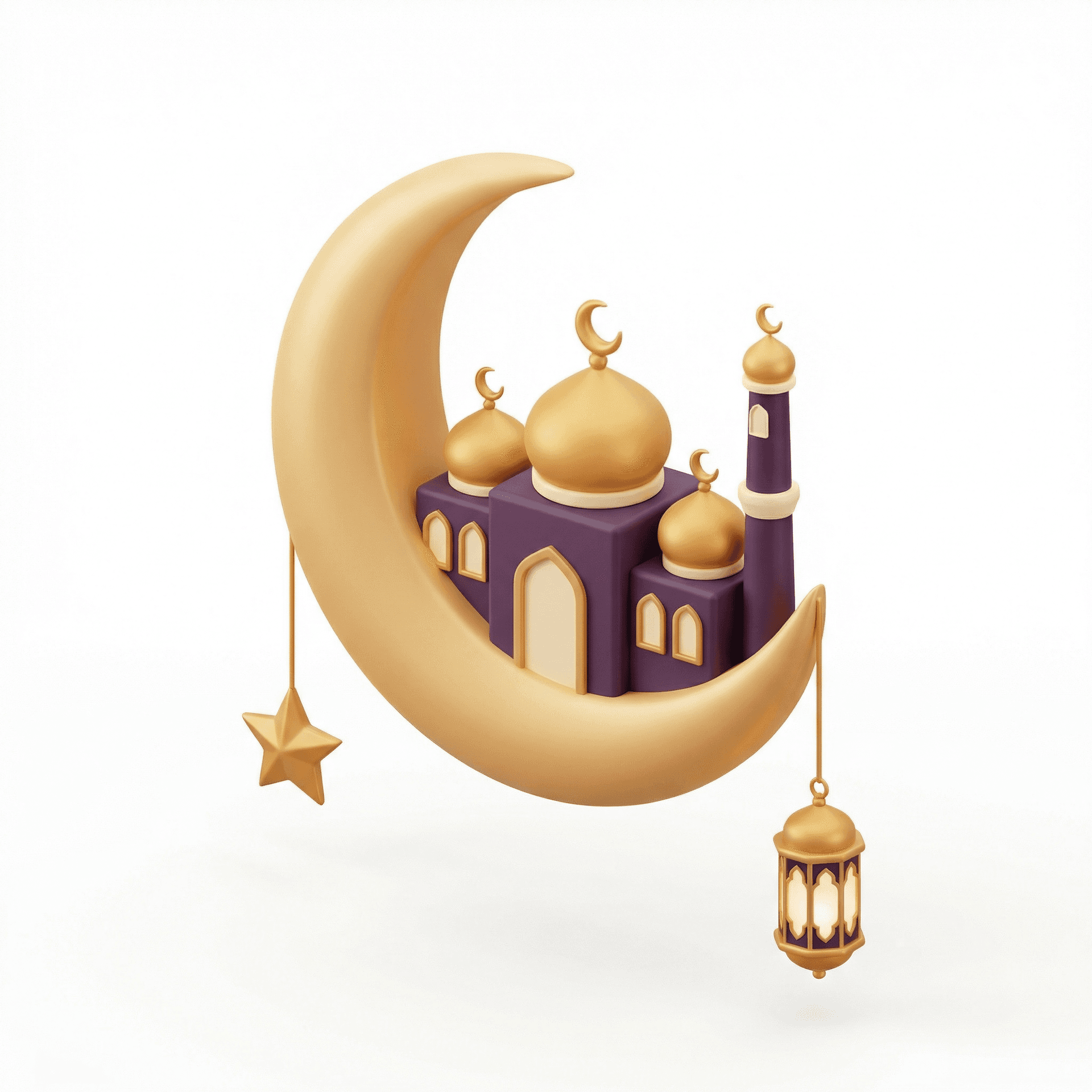 A stylized 3D illustration with an Islamic Ramadan theme. A large smooth golden crescent moon is placed at the center, slightly tilted, embracing a simplified mosque inside it. The mosque features soft geometric shapes with deep purple walls, golden domes topped with crescent symbols, arched windows, and a tall slender minaret. Hanging from the lower tips of the crescent moon are decorative elements: a golden five-pointed star on one side and a traditional Islamic lantern on the other, both suspended by thin strings. The overall color palette is warm and elegant, dominated by soft gold, purple, and cream tones. The shapes are rounded and minimal, with clean edges and simplified architectural details. The materials appear smooth and slightly matte, resembling clay or soft plastic, with subtle gradients and gentle highlights. Rendered in a clean studio environment with a soft beige background. Balanced soft lighting, global illumination, smooth shadows, no harsh contrast. High-quality 3D render, modern minimalist style, Islamic decorative illustration, pastel aesthetic, ultra-clean composition, sharp focus, PBR materials, ambient occlusion, blender cycles / octane render quality, high resolution.
