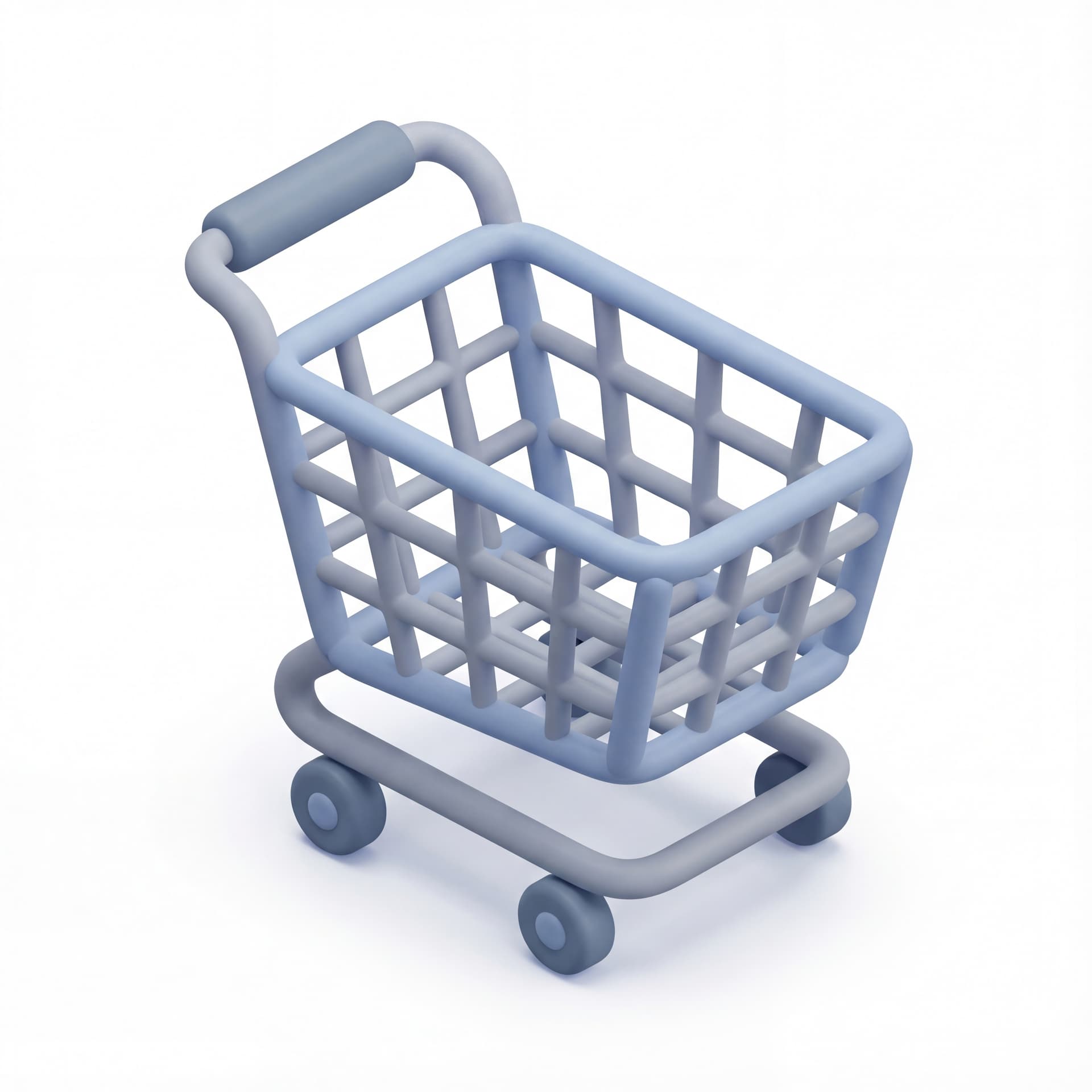 Shopping cart (wire basket) dengan style 3D clay ultra matte bentuk puffy rounded keranjang kawat disederhanakan handle tebal roda minimal pencahayaan studio lembut dan bayangan kontak halus.