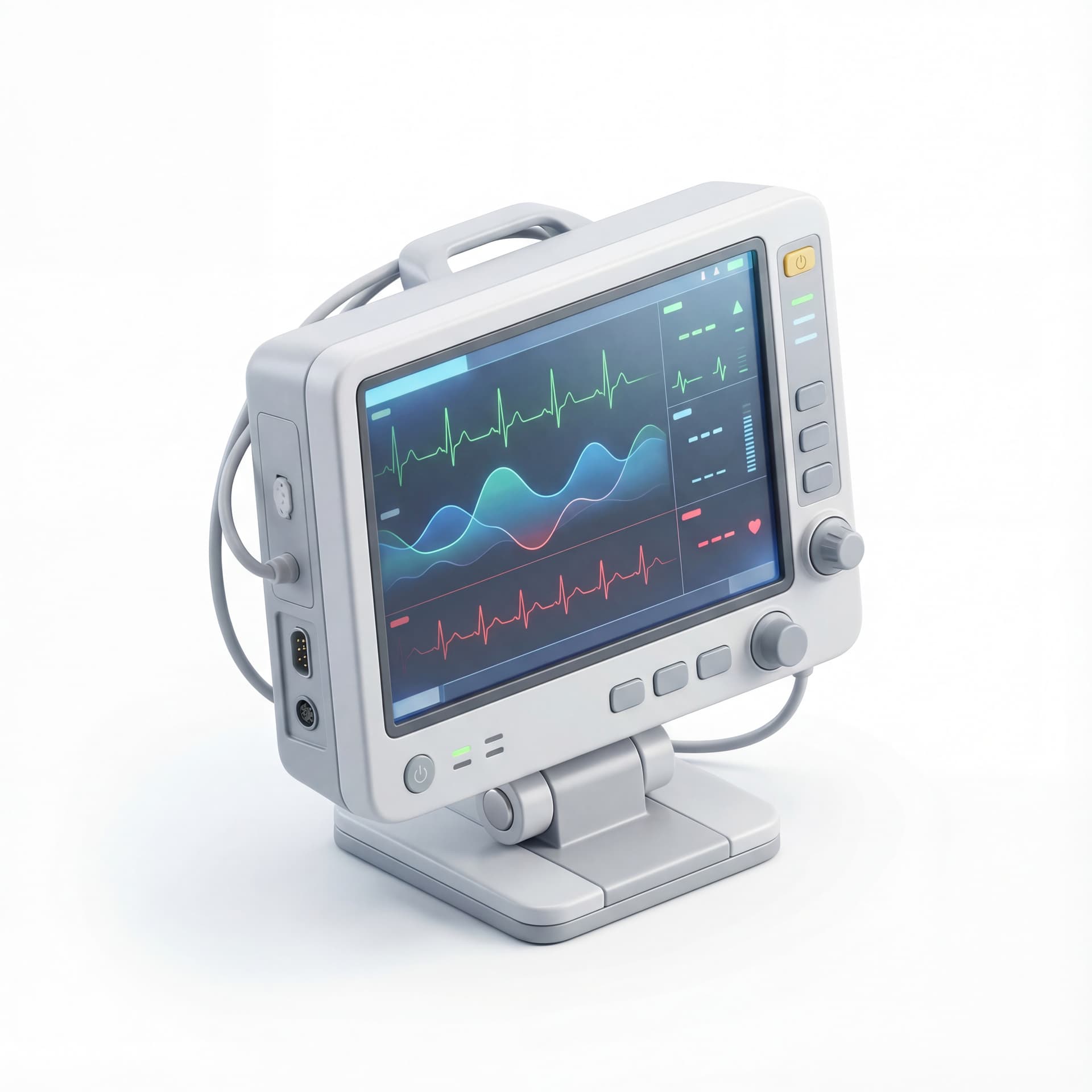 A modern medical patient monitor device showing abstract waveform graphics without readable text, healthcare technology visualization, isolated object.