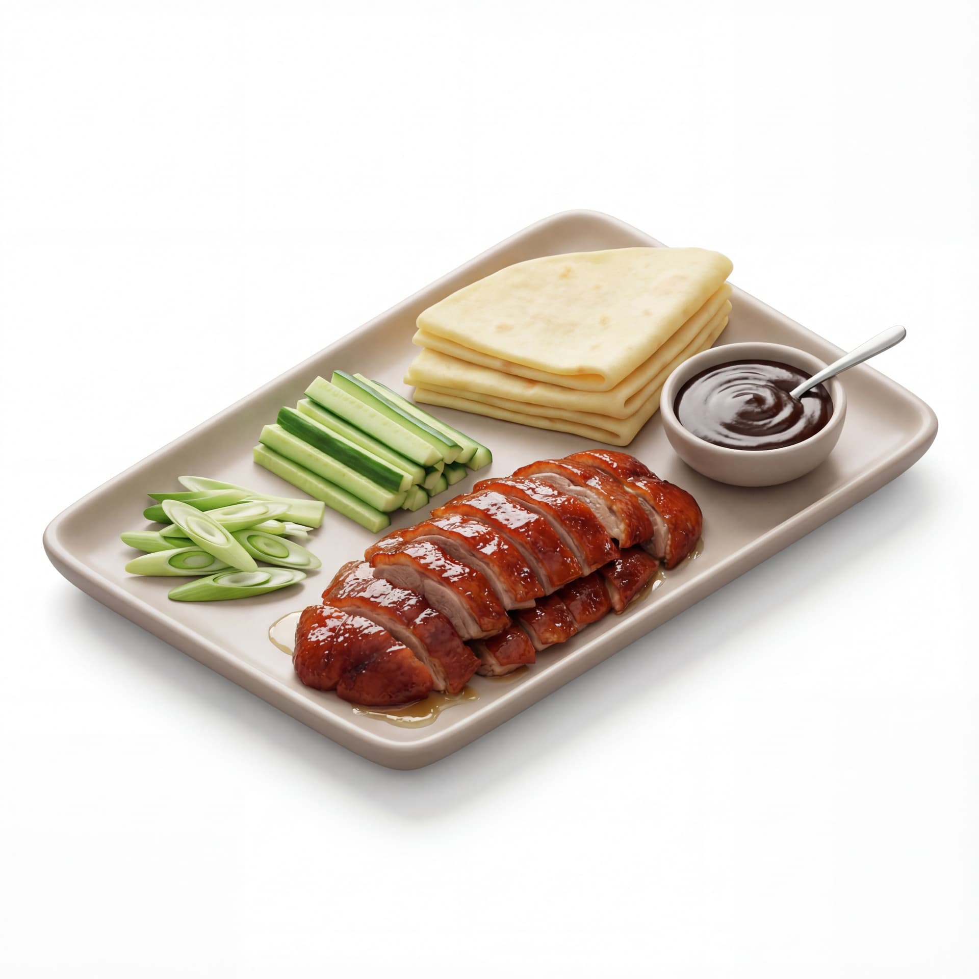 A cartoon rectangular plate featuring crispy Peking duck slices, thin pancakes stacked on the side, cucumber strips, scallions, and hoisin sauce.