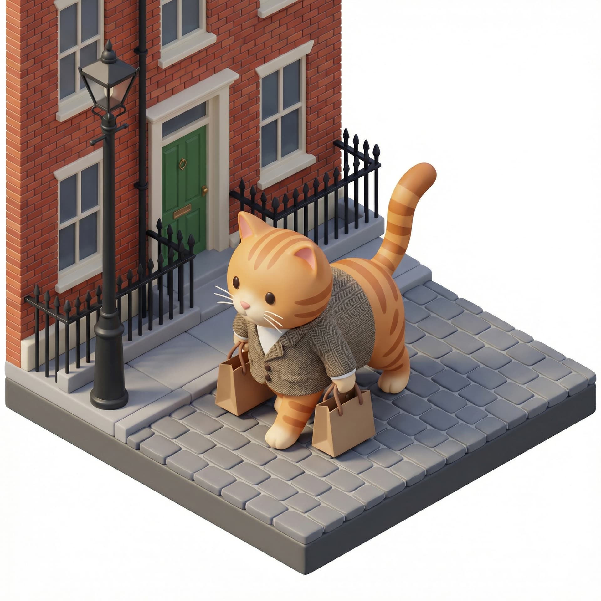 A cat that has just finished shopping is walking in front of a London residential area.