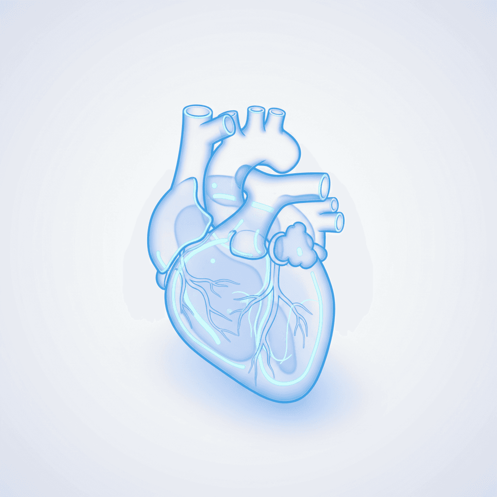 Detailed X-ray themed human heart, transparent chambers and arteries, neon blue radiographic glow, clinical sterile ambience, balanced centered framing, crisp contour lines optimized for microstock visuals.
