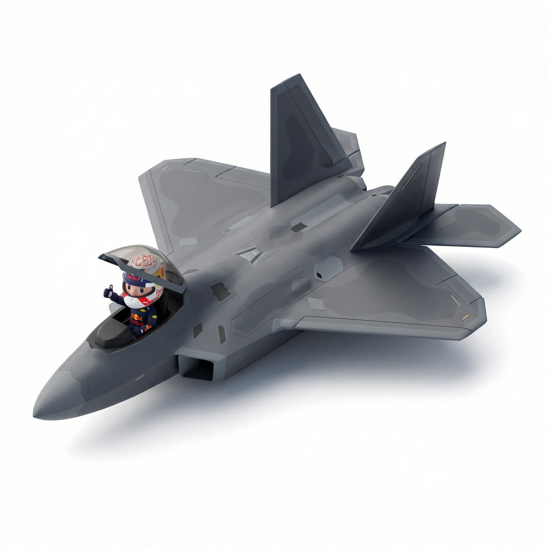 Generate a F22 with a chibbi Max Verstappen piloting it, and make it 3d