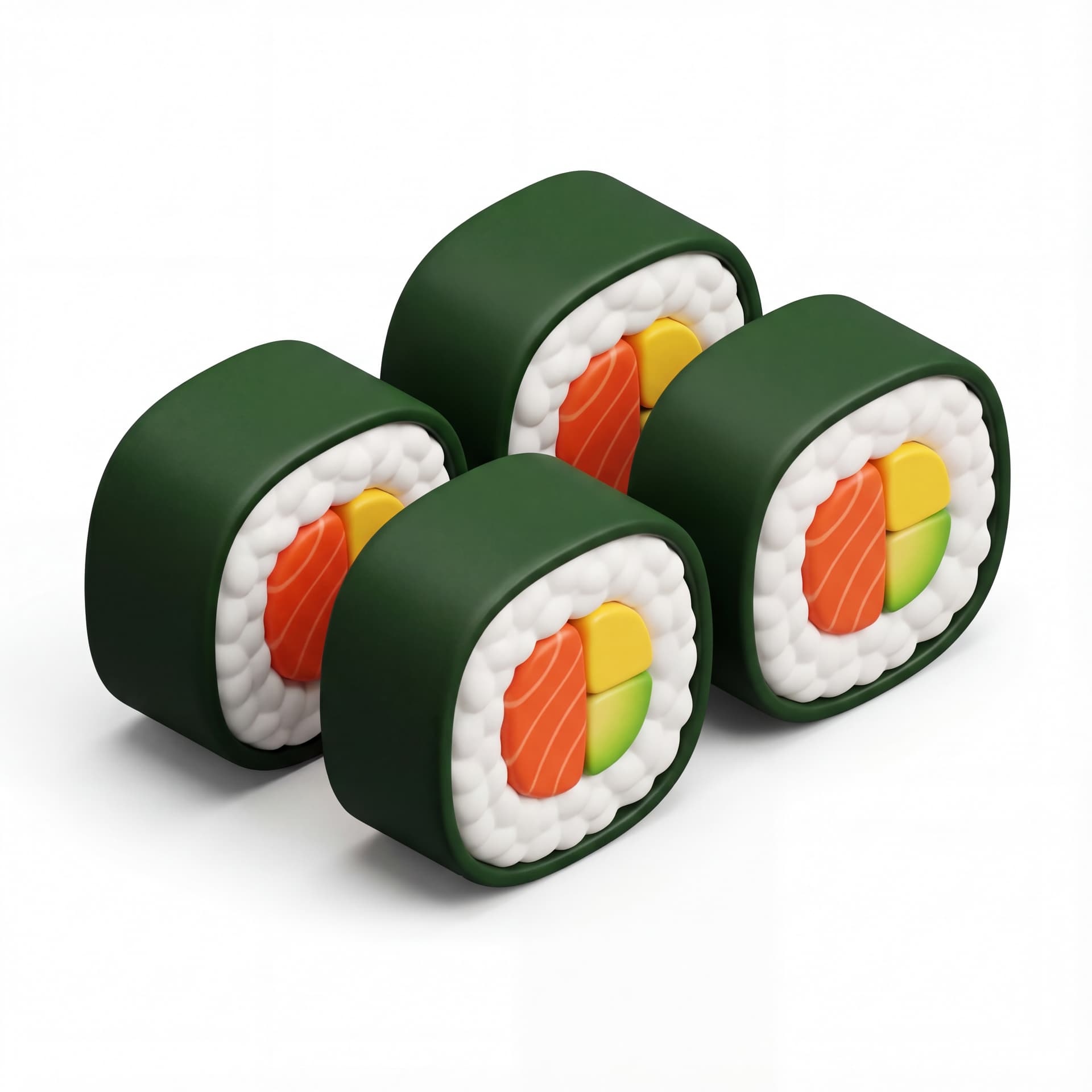  sushi rolls with simplified rice texture, bold color contrast, and rounded cuts
