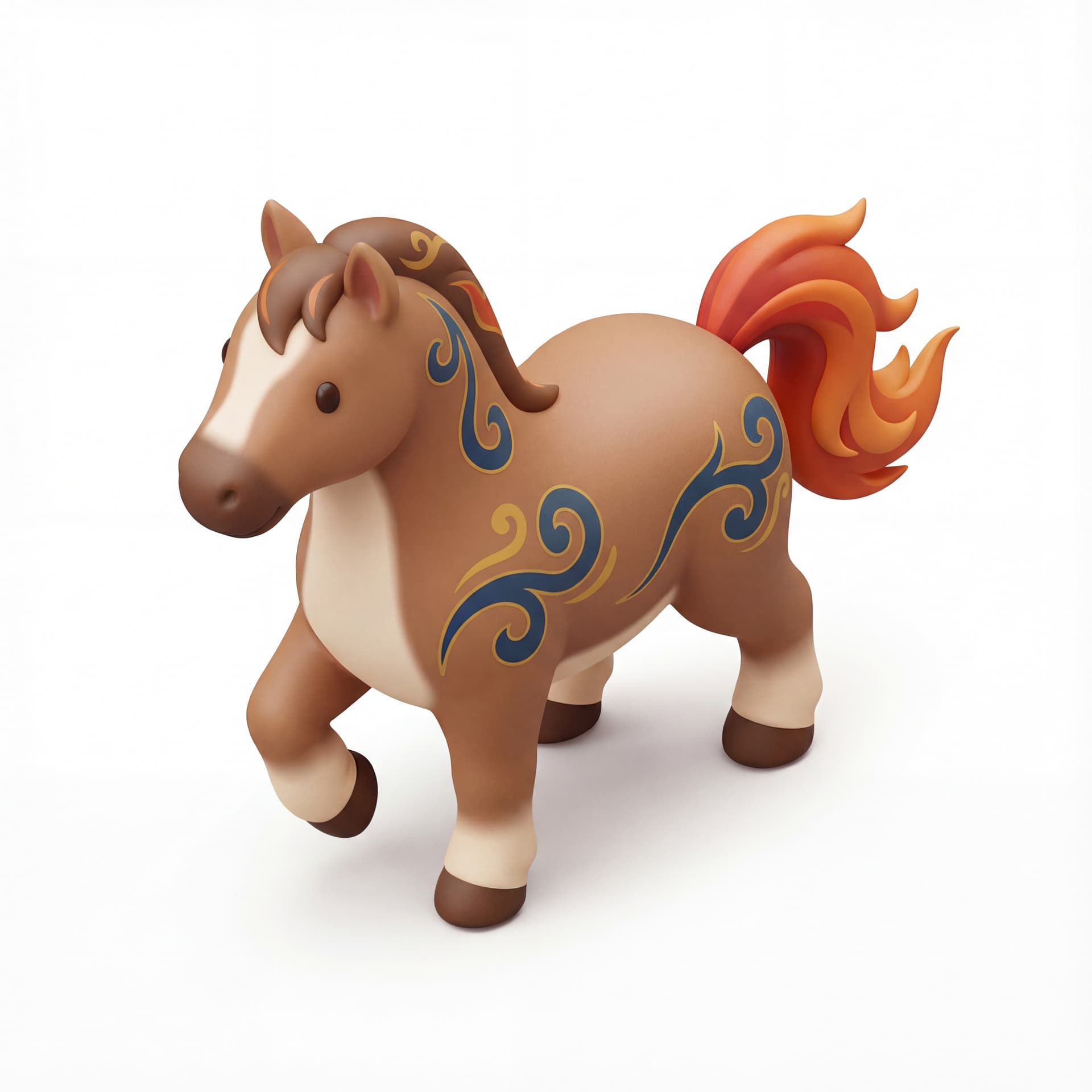 A cute oriental horse illustration with a forward-walking pose, rounded hooves, flame-shaped tail swaying gently, minimal but clear Chinese-inspired swirl motifs, isolated on a white background.