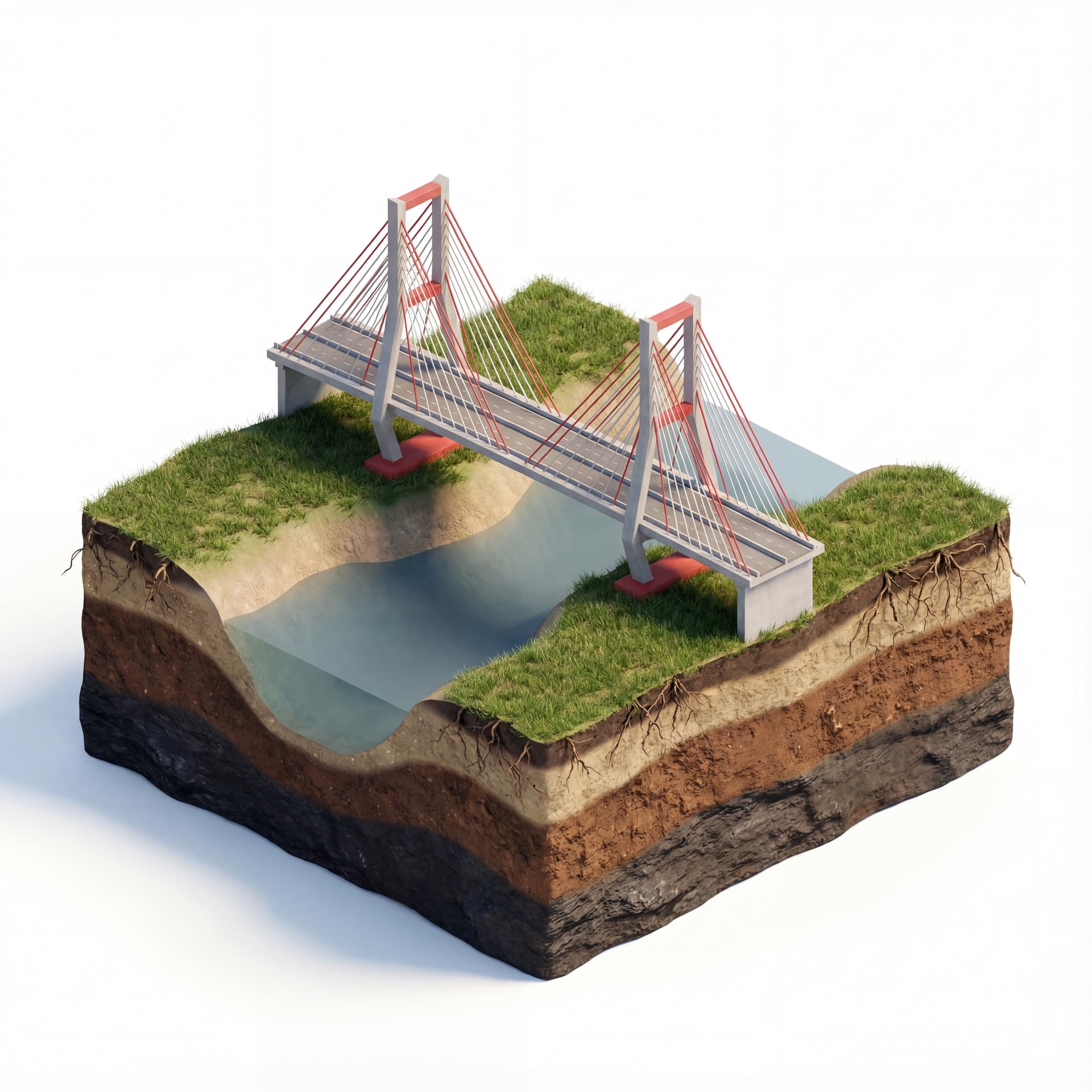 floating island base with layered soil + Suramadu Bridge