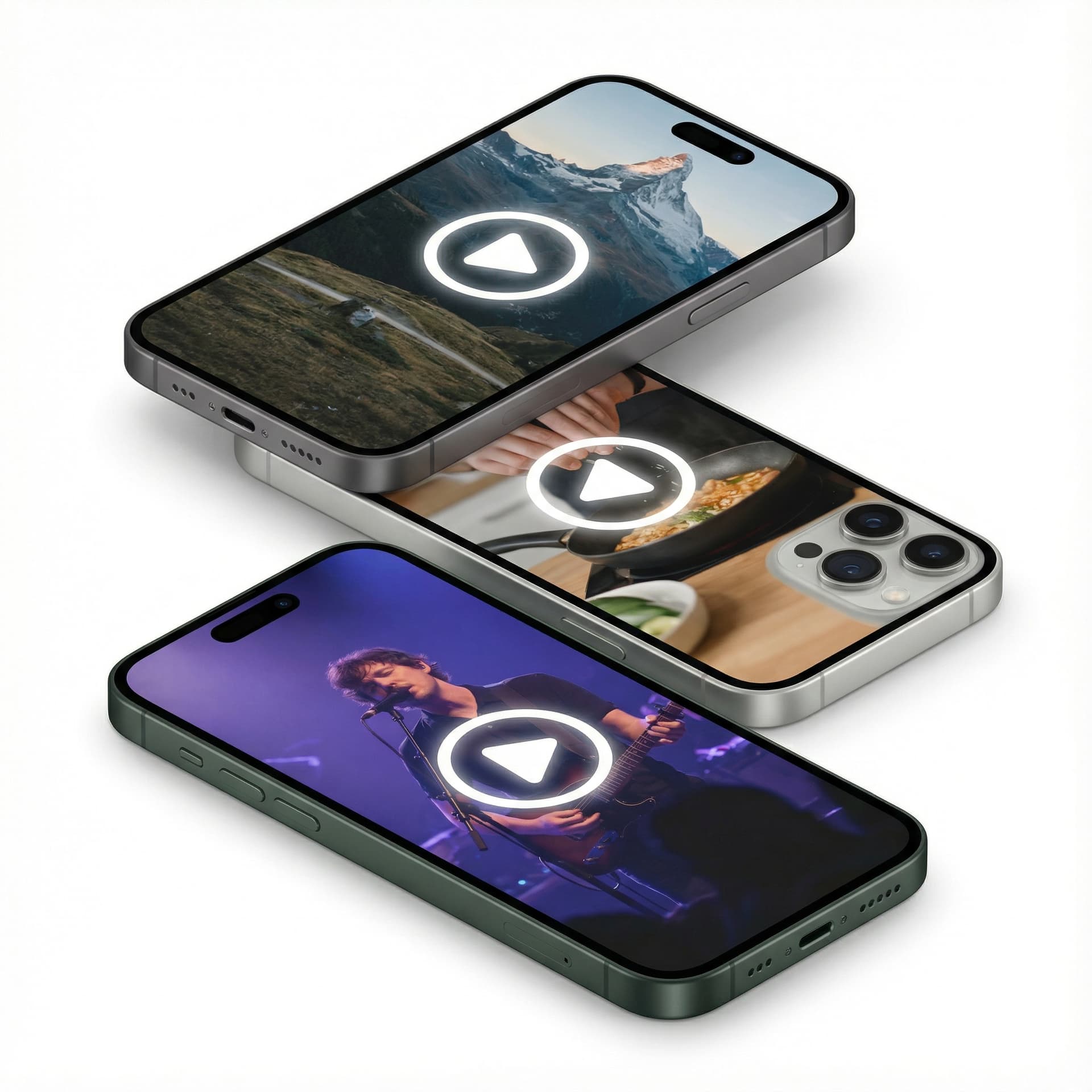 icon of multiple overlapping video play buttons or a grid of short video frames with phone screen borders