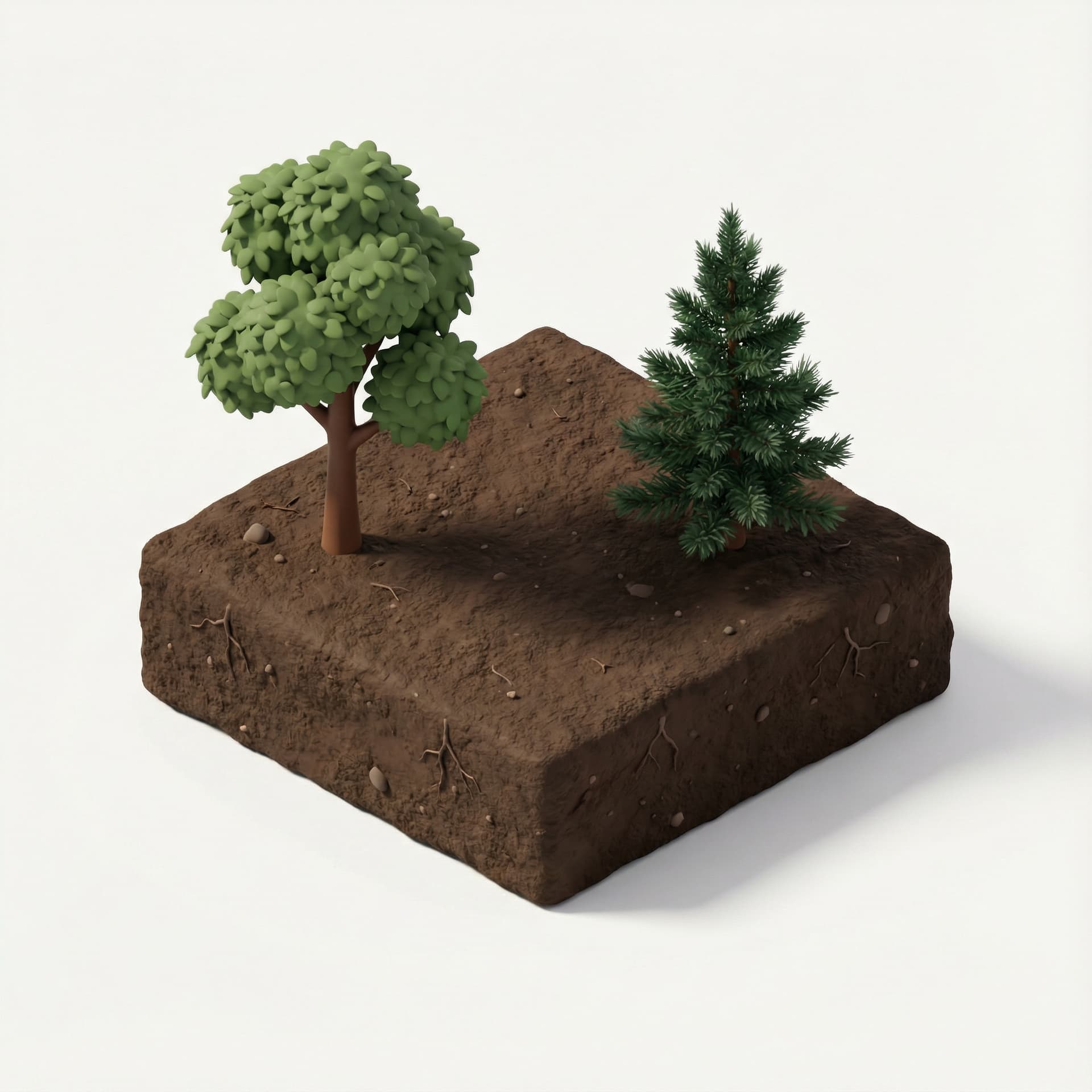 Hyper-realistic soil tile with two random trees, uneven spacing, generic species.