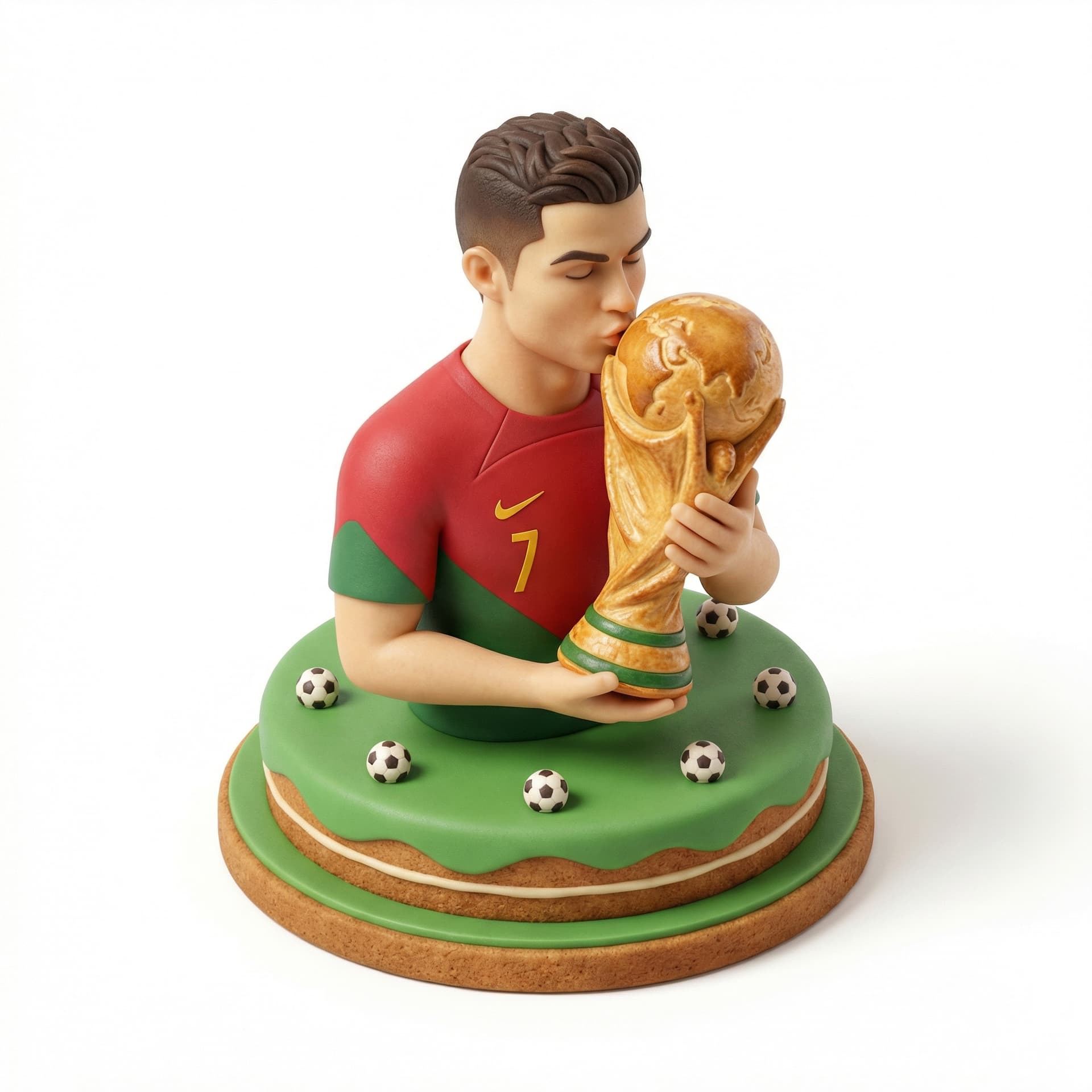 Cristiano Ronaldo holding and kissing the FIFA World Cup trophy, celebrating victory, wearing Portugal national team jersey, stadium background, realistic style, high quality