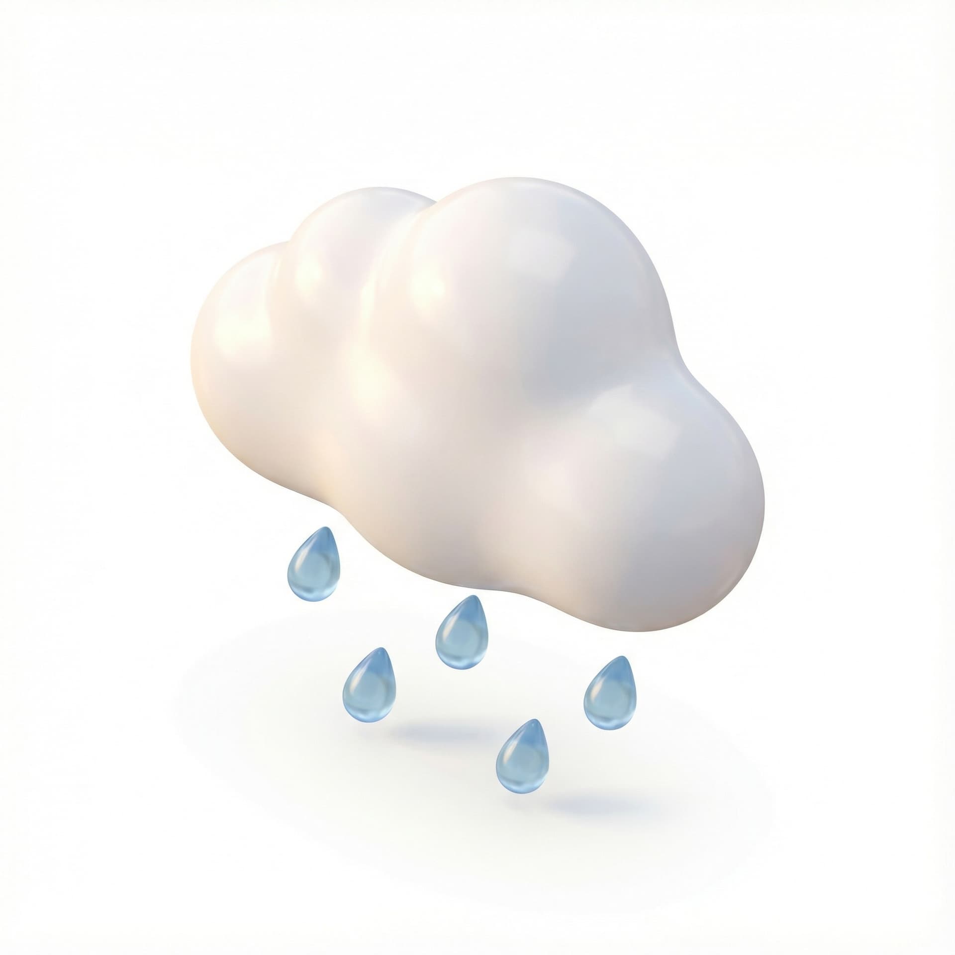 Realistic 3D miniature icon of a soft rounded cloud with gentle raindrops falling underneath. Smooth glossy cloud surface, subtle reflections, soft shadows, warm diffused lighting, Apple/Airbnb-style realism, minimal and clean design, white background
