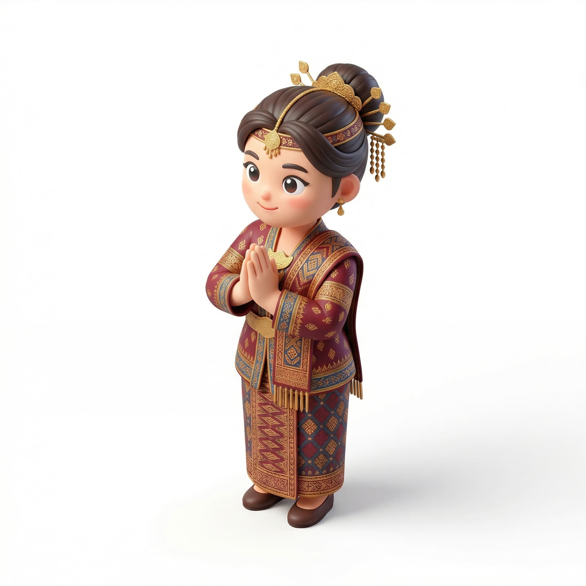 buatlah karakter perempuan memakai pakaian adat sulawesi sambil melakukan pose 🙏 menggunakan 3d realistic cartoon style