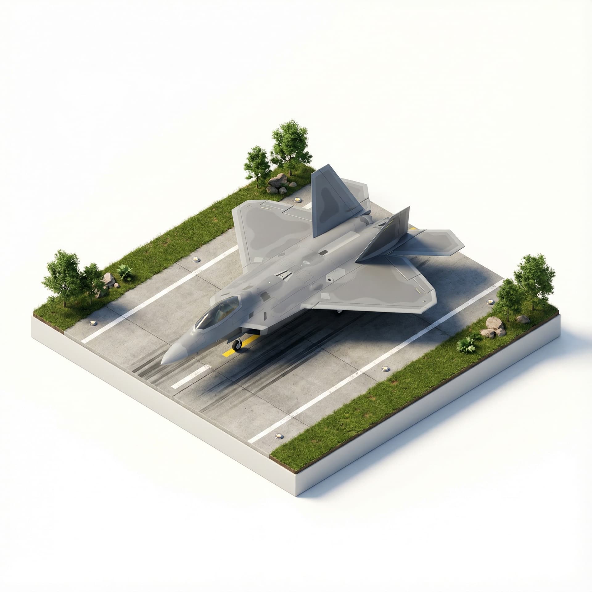 Create a high-definition miniature 3D isometric diorama of a modern Raptor F-22 Jet. Use a 45° top-down isometric angle. Place it on a premium airport runway segment with precise markings, concrete texture, and subtle rubber skid details. Build the scene on a raised diorama base with trimmed grass, runway lights, and minimal clean landscaping to maintain a premium microstock feel.