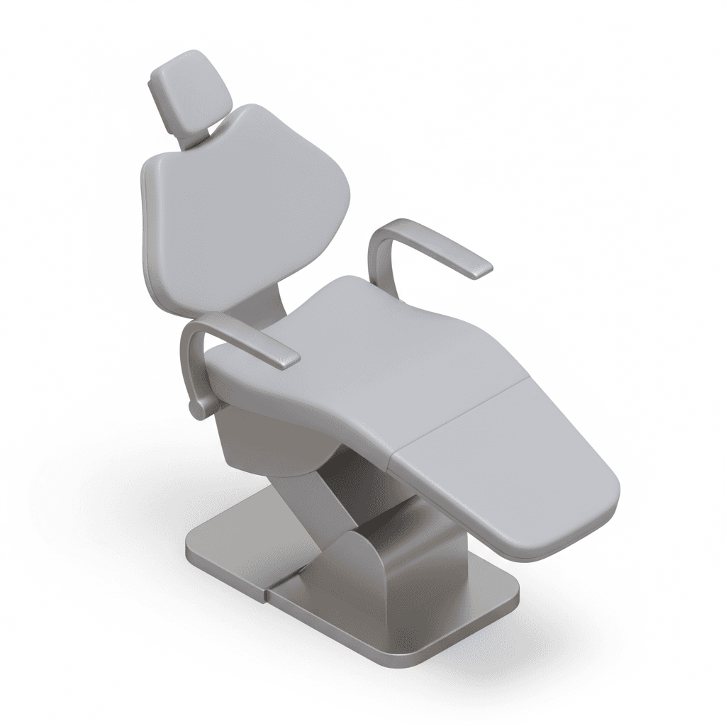 Detailed 3D isometric dentist chair icon, sleek medical-grade upholstery, metallic arm supports, ergonomic headrest, soft studio lighting, clean dental clinic ambience, subtle reflections, high-clarity edges, crisp microstock composition with balanced copy space.
