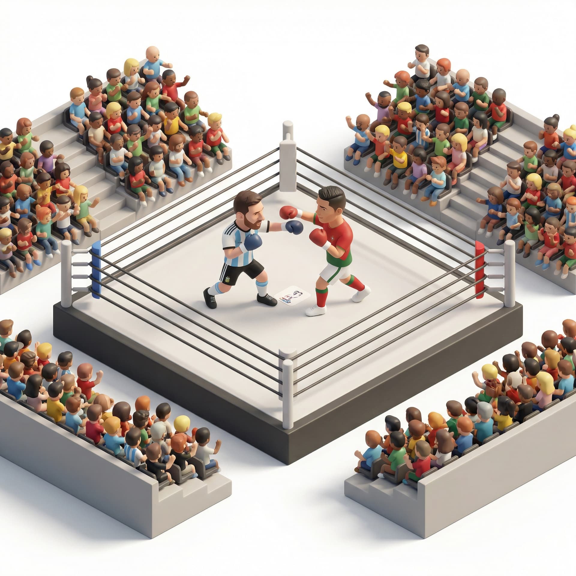 messi dna ronaldo sedang bertanding boxing di ring dan ditonton banyak orang