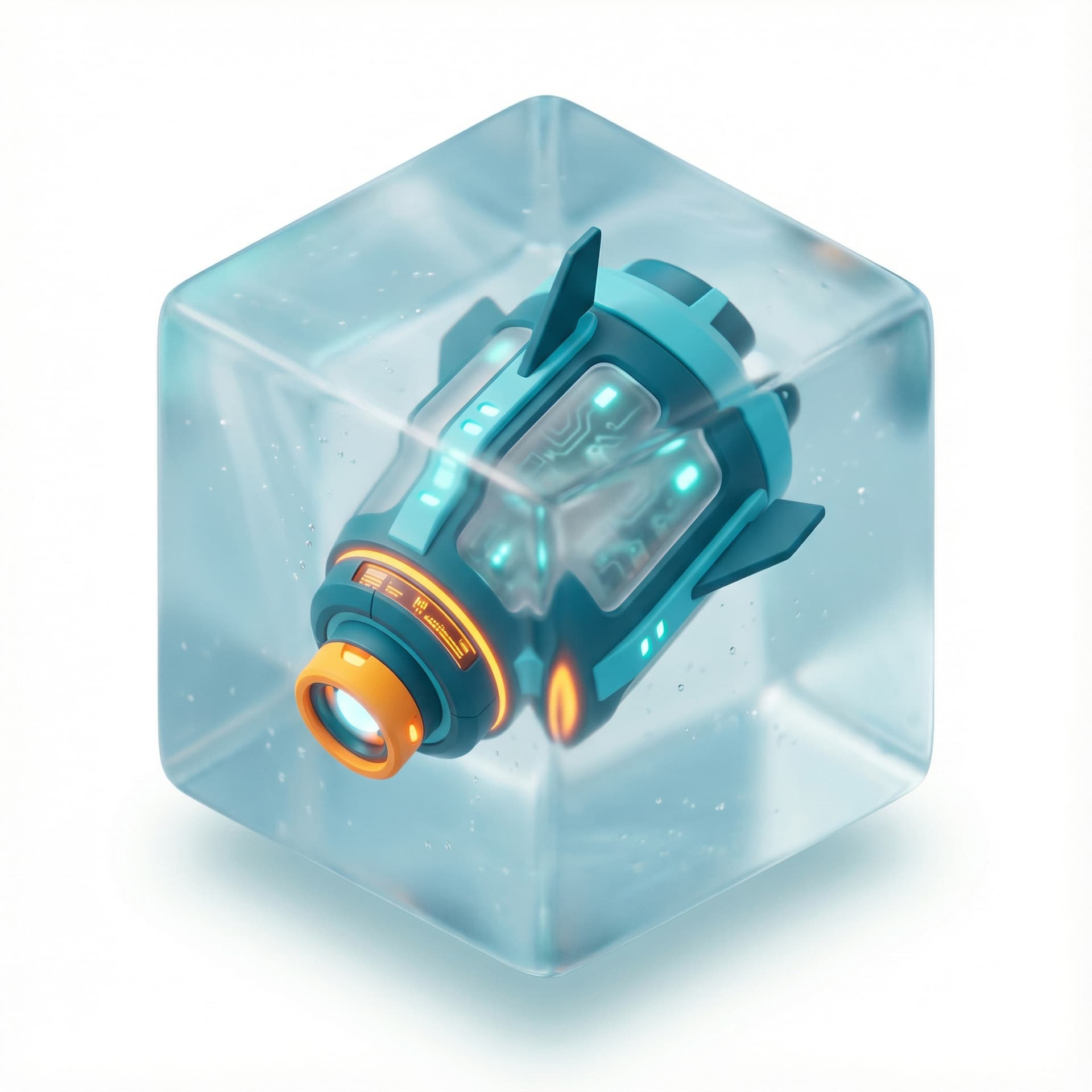 An isometric 3D icon of a futuristic underwater sensor floating in water, Material: Frosted glass and matte plastic, Colors: Deep teal, cyan, and a highlight of bright orange, Style: Clean, modern, high-tech, semi-transparent water block, soft ray-tracing, Background: Plain white background