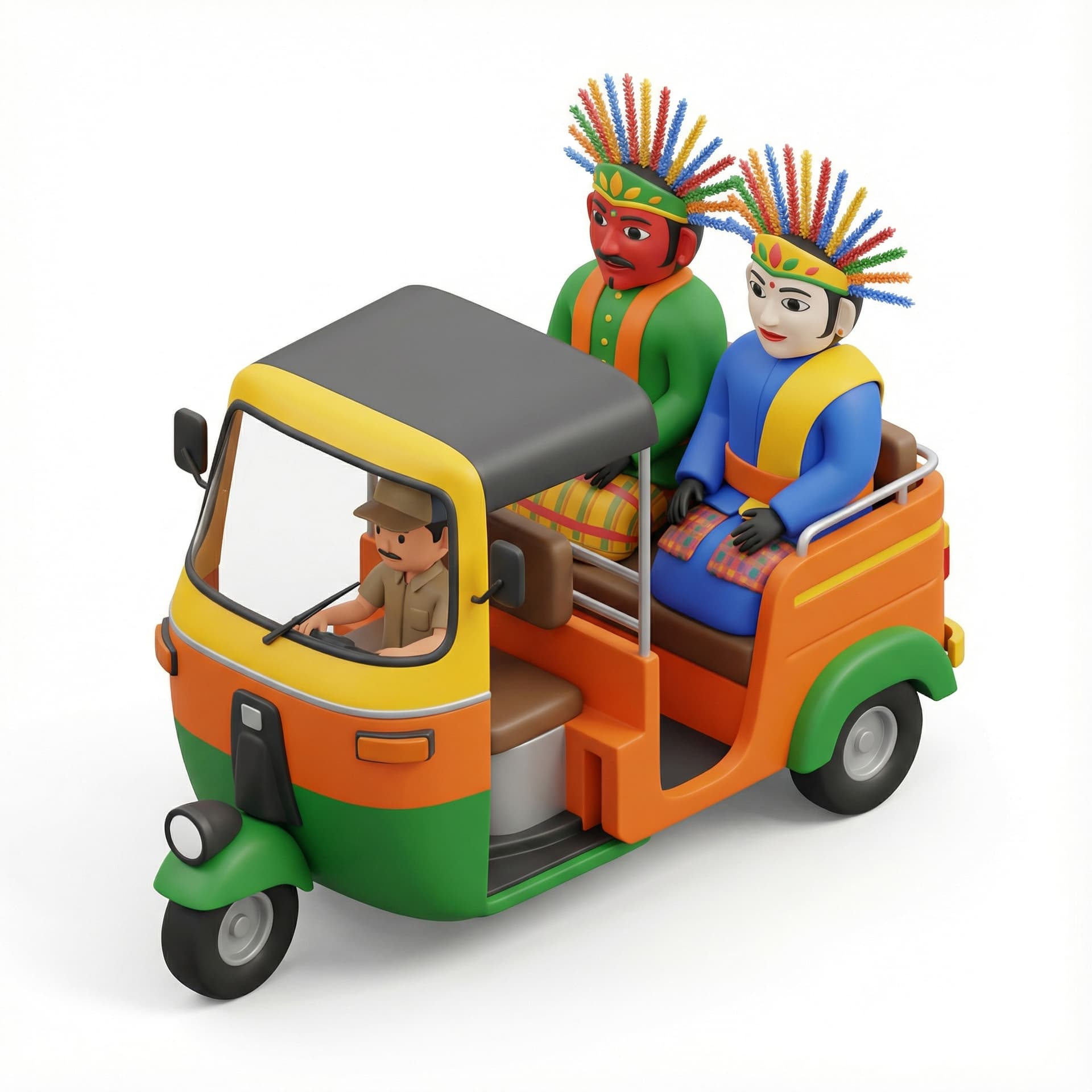 buatkan bajaj bajuri lengkap dengan bang bajuri di bangku depan, dan di belakang ondel ondel betawi