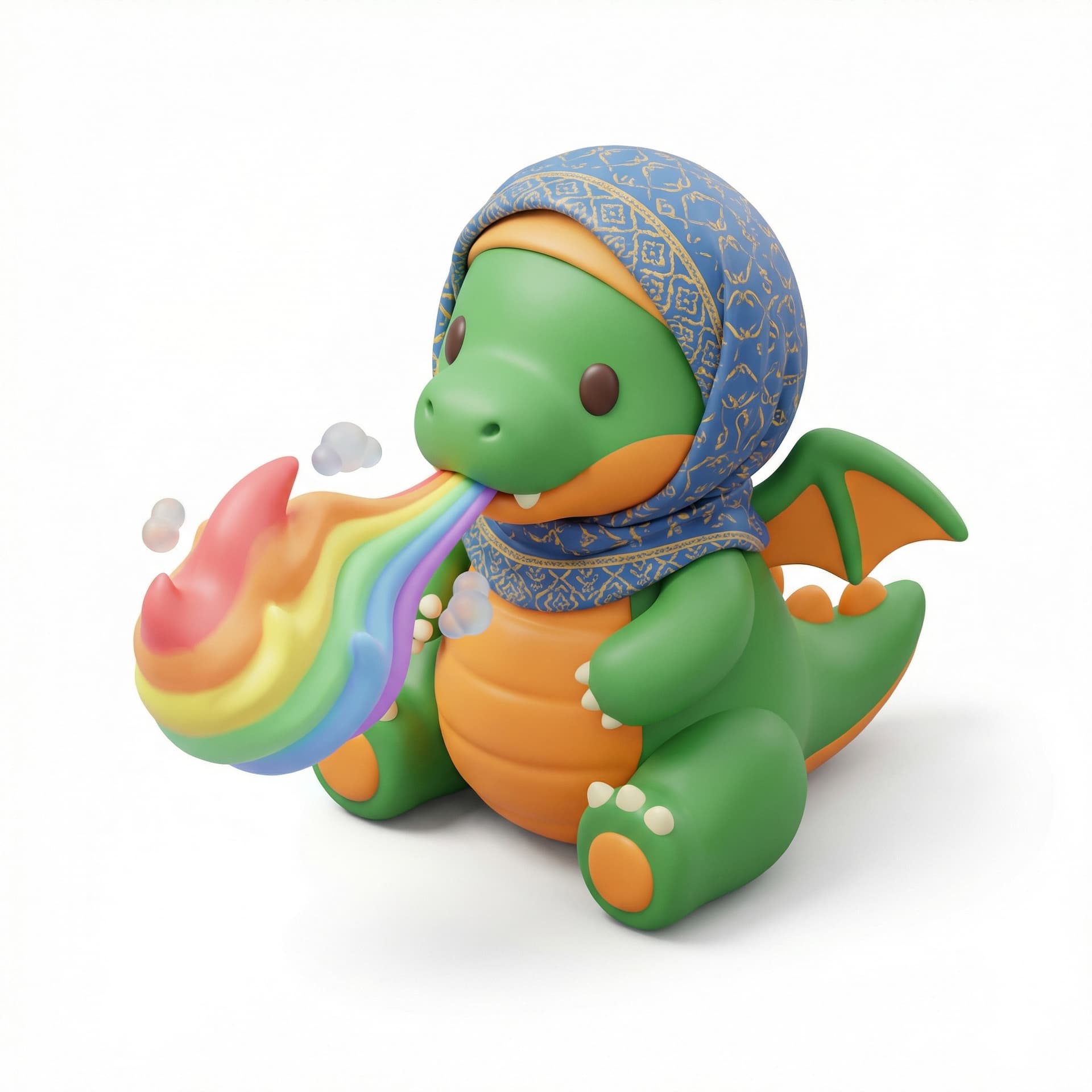 A Dragon spitting rainbow fire while using a hijab in chibi style
