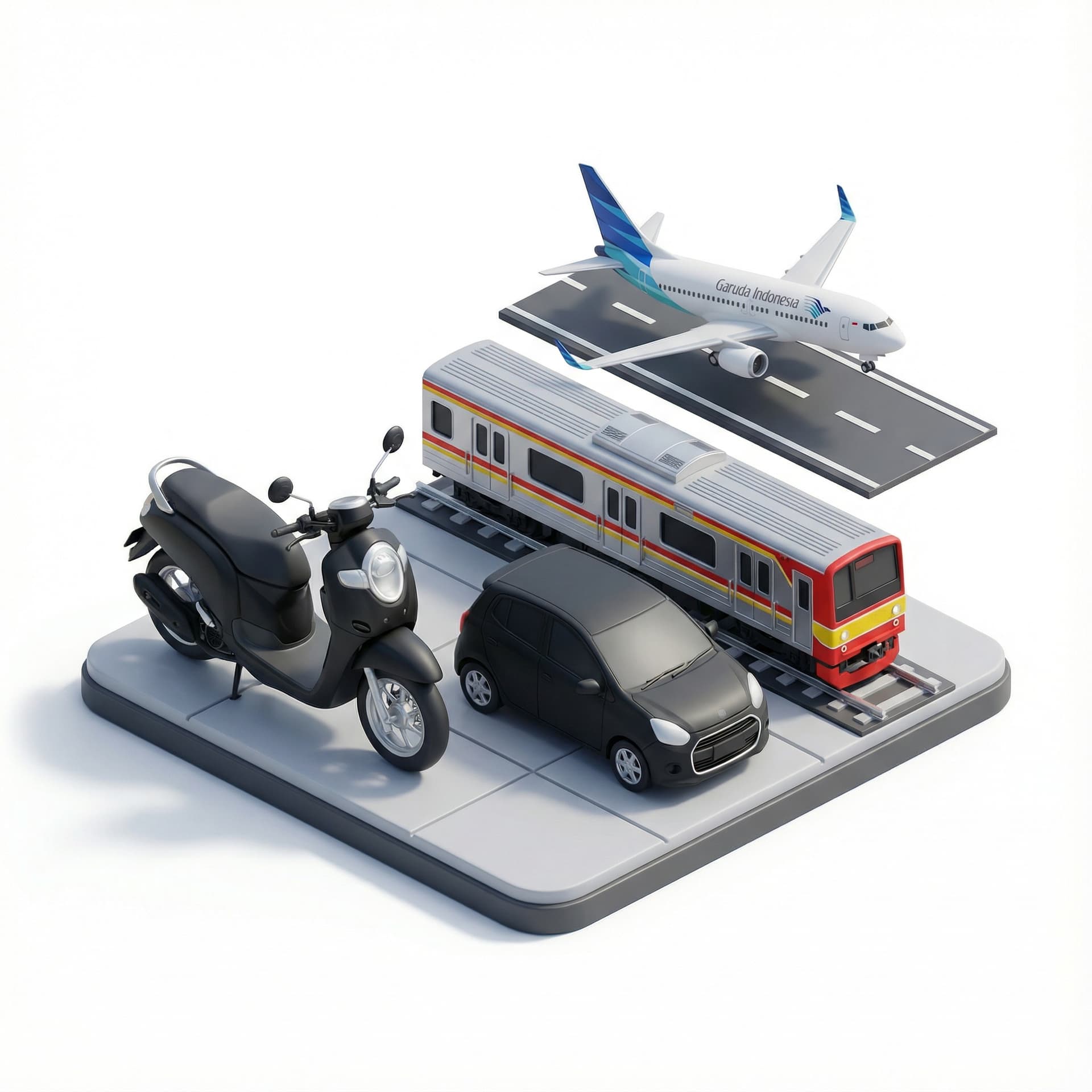 gabungan gambar dari krl indo, pesawat garuda, motor matik hitam dan mobil hitam yang tersusun rapi