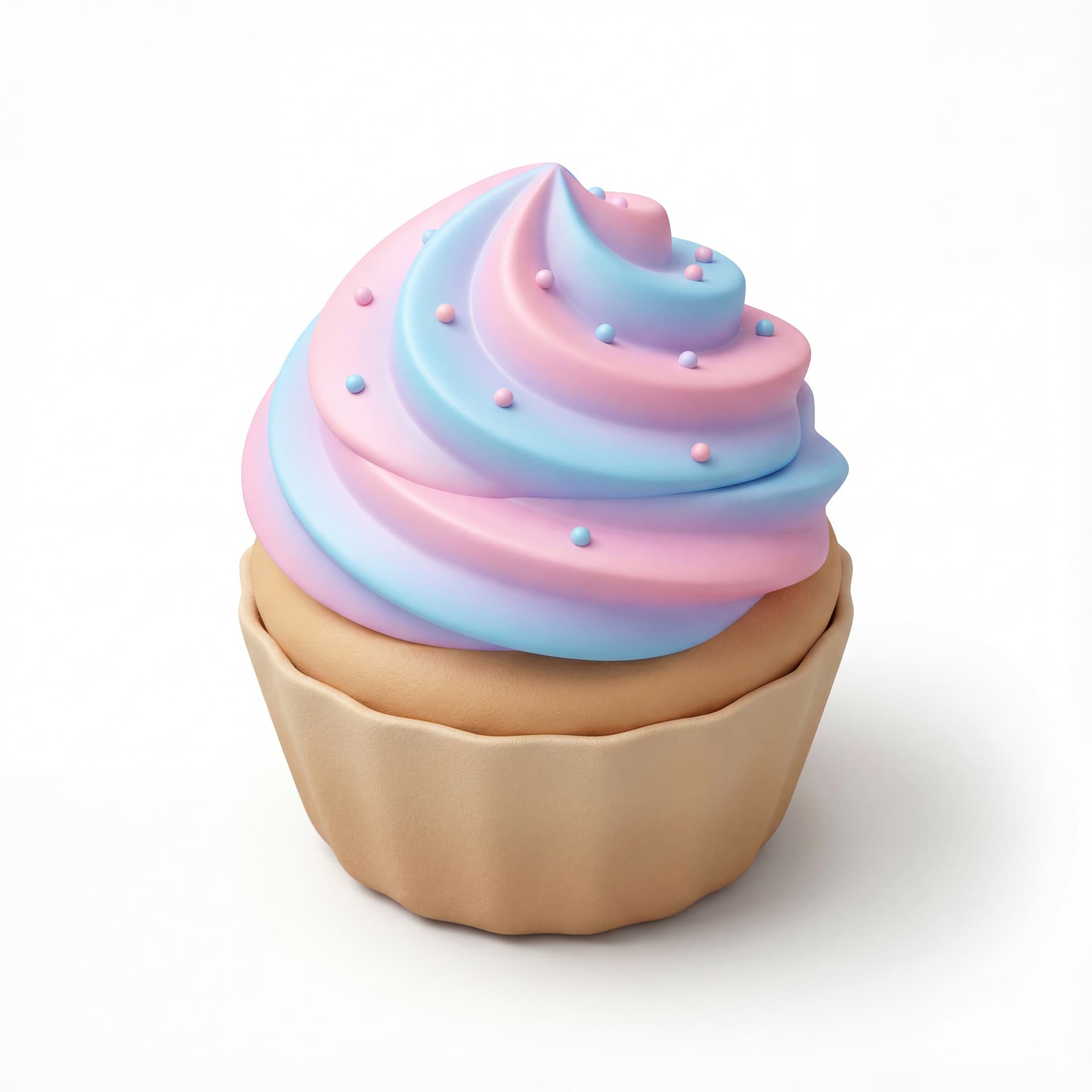 A cute cartoon cupcake with oversized swirled frosting, soft gradients, and a compact rounded base.