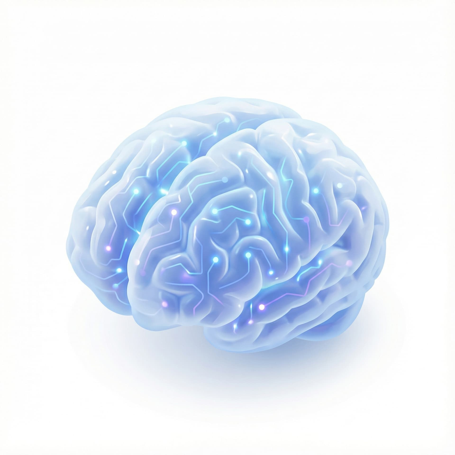 Realistic 3D icon of a futuristic AI brain made of soft translucent material with glowing circuit lines running inside. Smooth rounded shapes, gentle pulsing light, glossy Apple-style finish, soft shadows, clean white background.