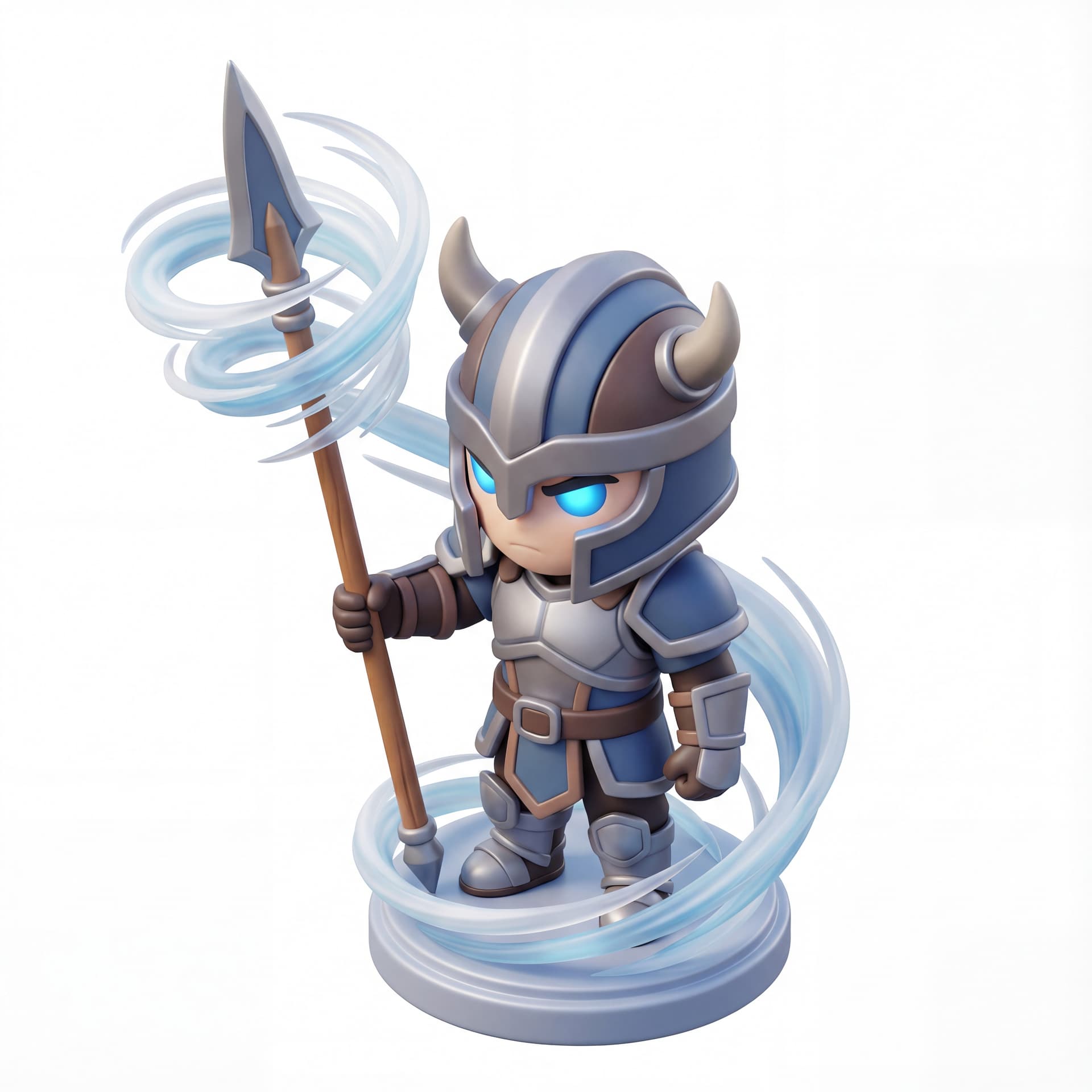 A 3D chibi human warrior with an oversized head and tiny body, gripping a long spear taller than the character, swirling wind aura spiraling around the spear tip and feet, detailed armor plates, intense glowing eyes, isolated character.