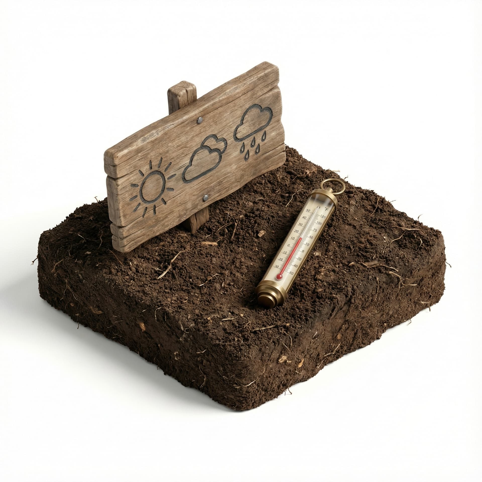 Hyper-realistic isometric soil tile with simple manual climate indicators: a small wooden weather board showing icons of sun, clouds, and rain drawn by hand. Place a handheld analog thermometer next to the board. Manual-style, no digital elements. Clean white background, same angle and lighting as Fairatmos assets.