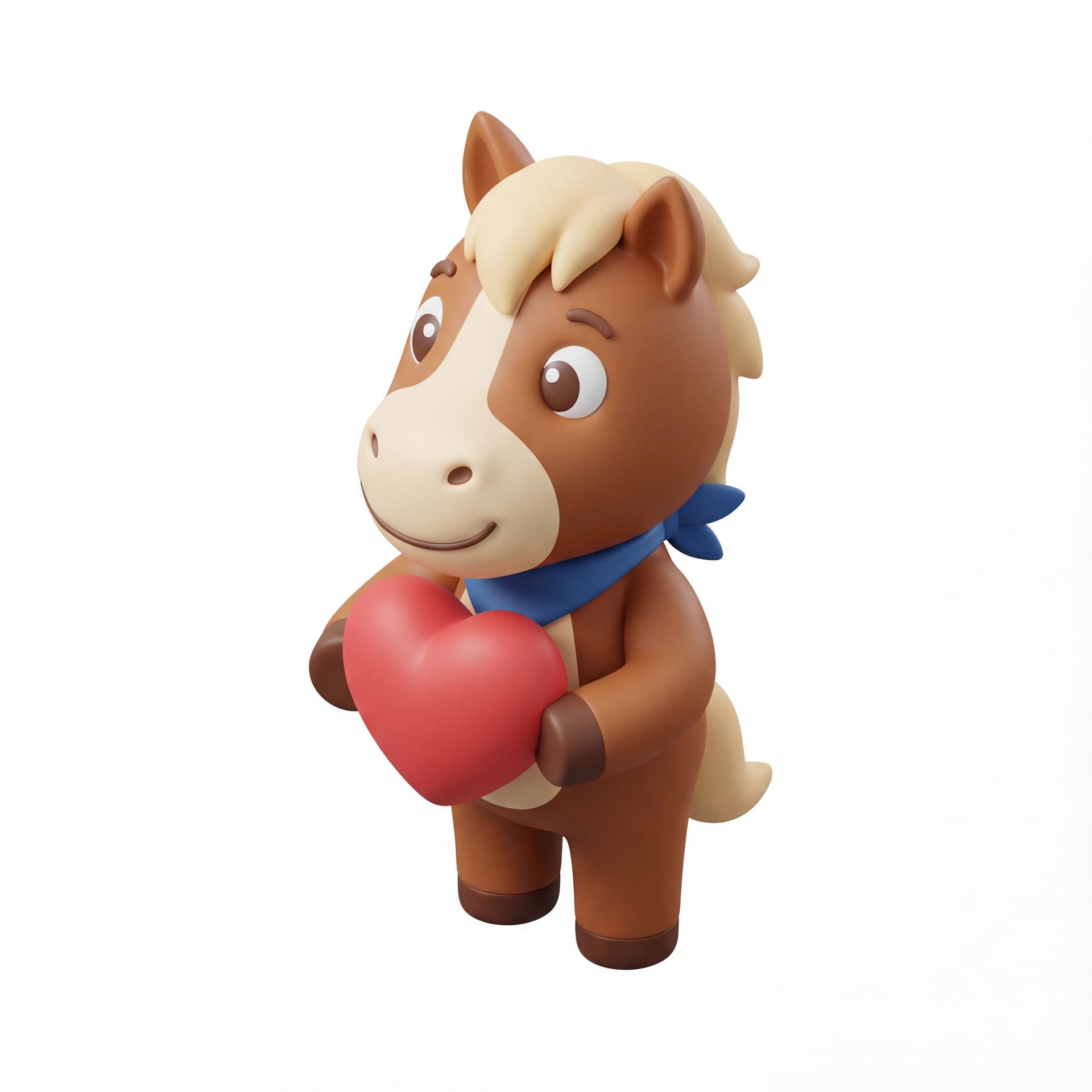 A cute cartoon horse mascot holding a heart-shaped object at chest level, gentle friendly expression, full body, front-facing, isolated on a white background.