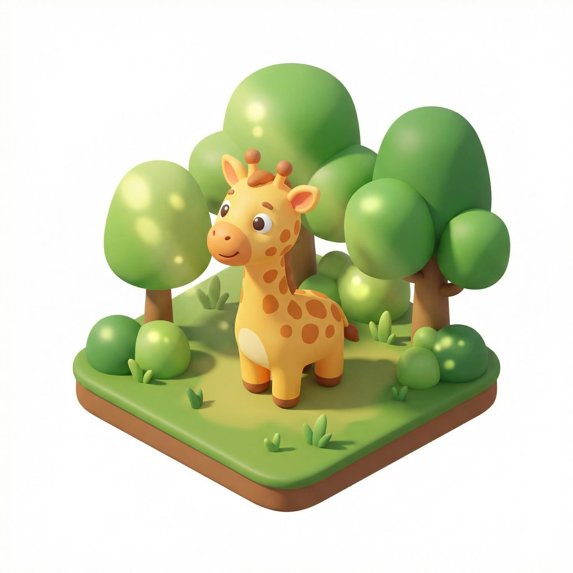 Ilustrasi kartun 3D seekor jerapah lucu berdiri di hutan hijau, fokus satu hewan saja, gaya ilustrasi buku anak, warna cerah dan hangat, ekspresi ramah dan menggemaskan, mata besar imut, proporsi imut, bentuk 3D halus seperti animasi Pixar/DreamWorks, tekstur lembut, pencahayaan lembut dan hangat, latar belakang pepohonan sederhana dengan sinar matahari, suasana ceria, high quality, cute 3D cartoon style.