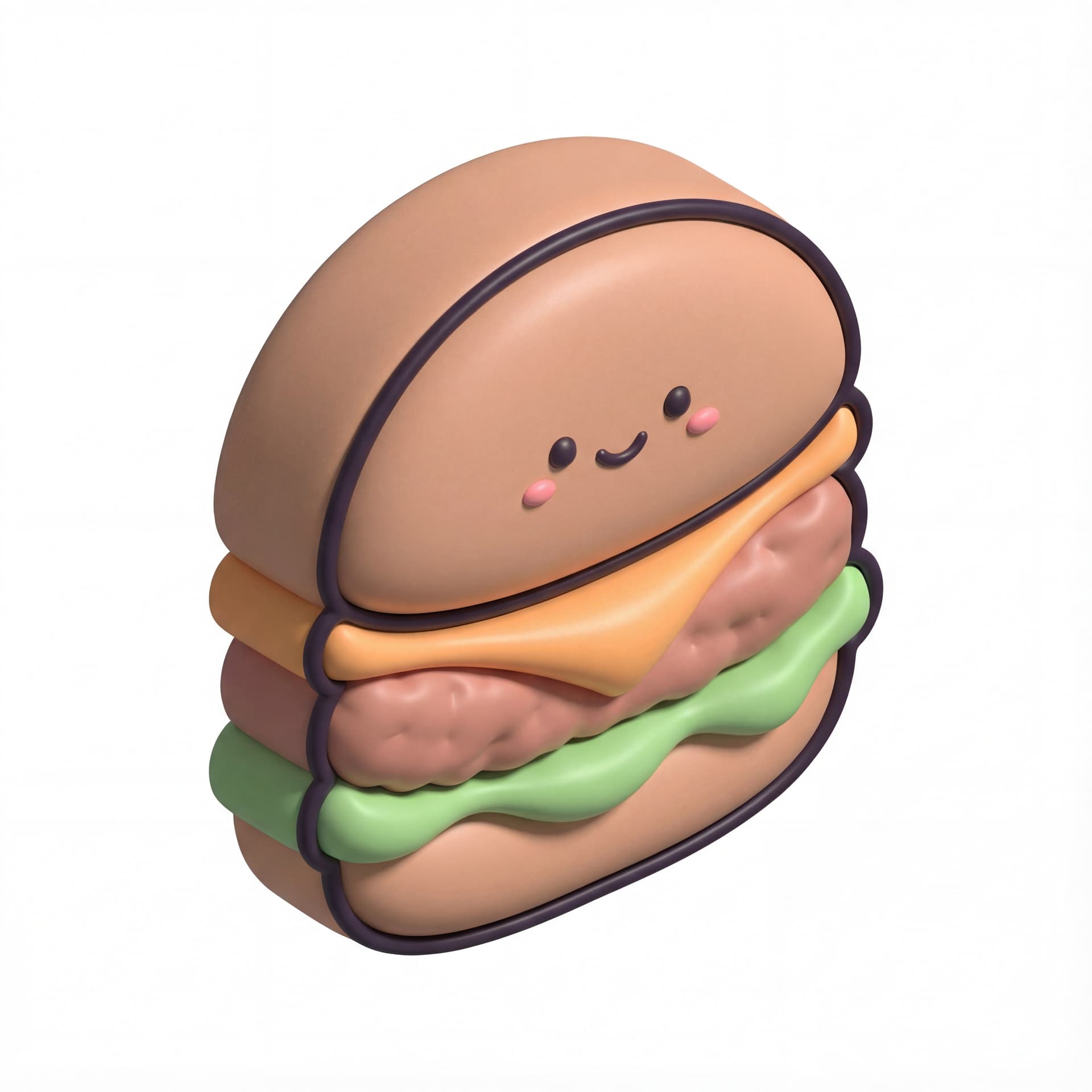 A cute cartoon food icon of a smiling hamburger, rounded bun, soft pastel colors, tiny blush cheeks, thick clean outline.