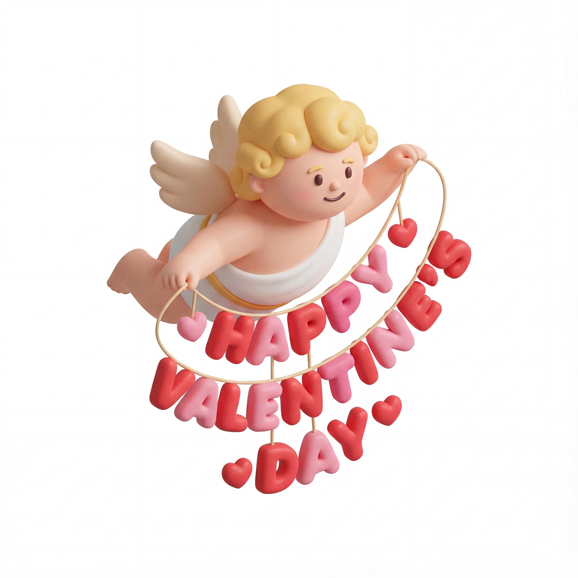 A full-body portrait of a cute Cupid character flying diagonally while pulling a string of hanging letters that spell “Happy Valentine’s Day,” playful motion, isolated on a white background.