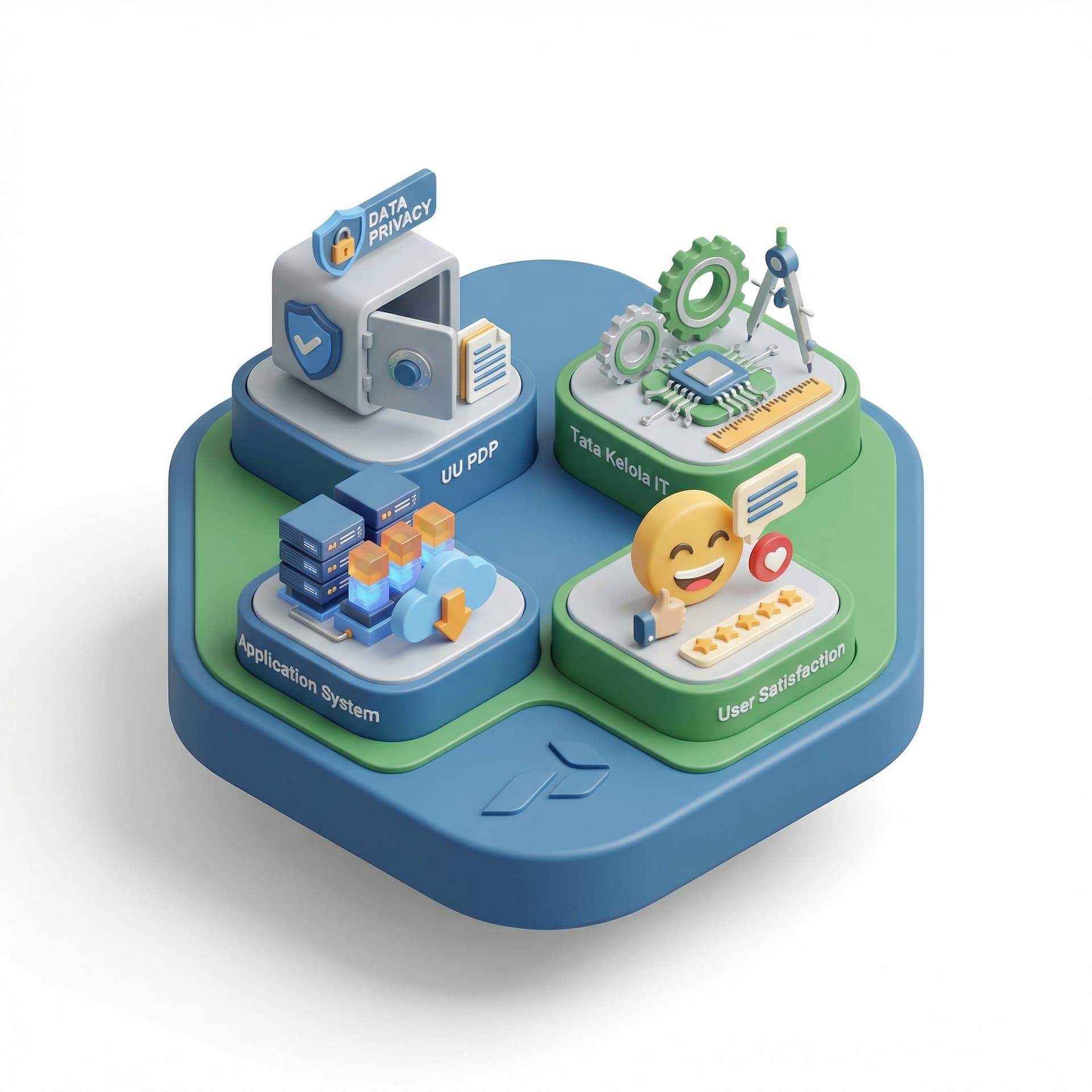 buatkan icon KPI meliputi: UU PDP, tata kelola IT, application system, user satisfaction. buat dengan nuansa pertamina