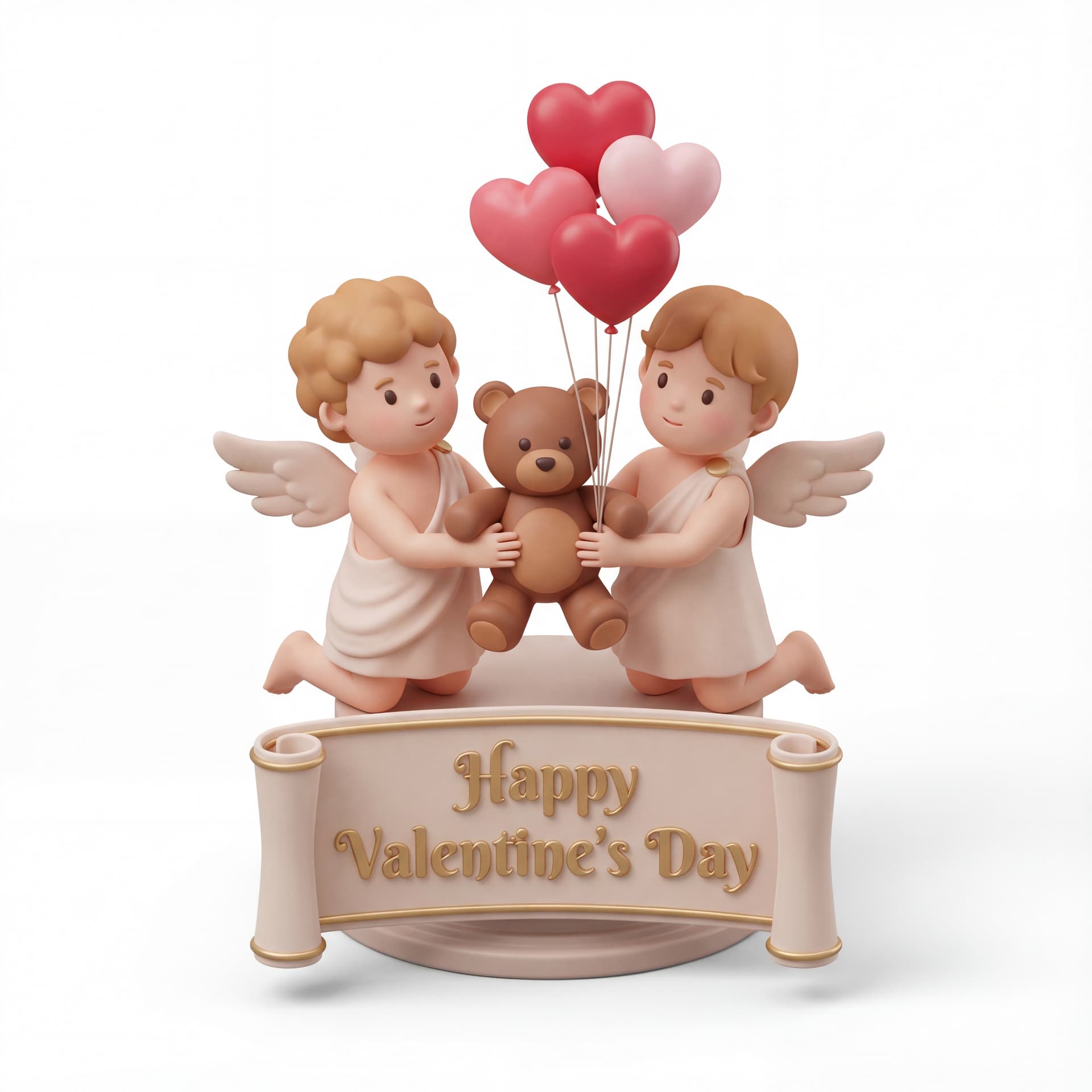 A full-body portrait of a cute couple of Cupid characters kneeling slightly as they present a teddy bear holding balloon strings, with “Happy Valentine’s Day” written across a decorative banner in front, isolated on a white background