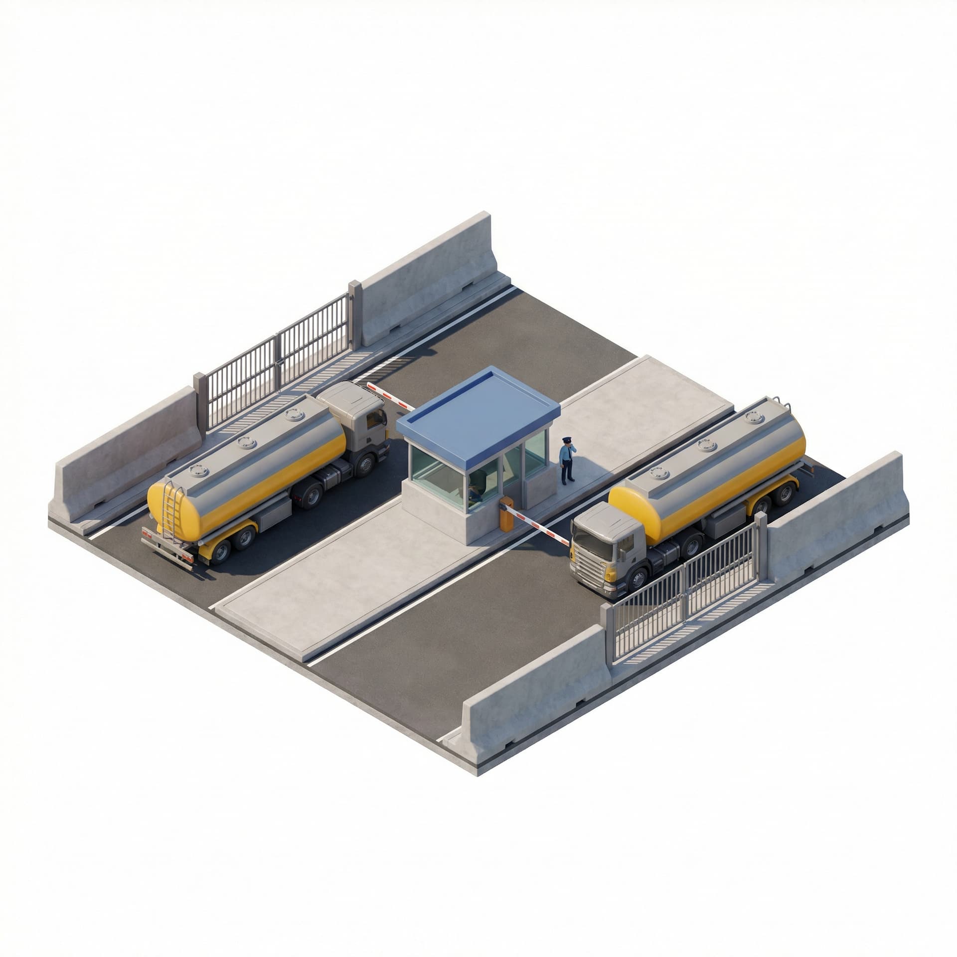 Make a gate with 2 entrances for tanker trucks with a security post in the middle.