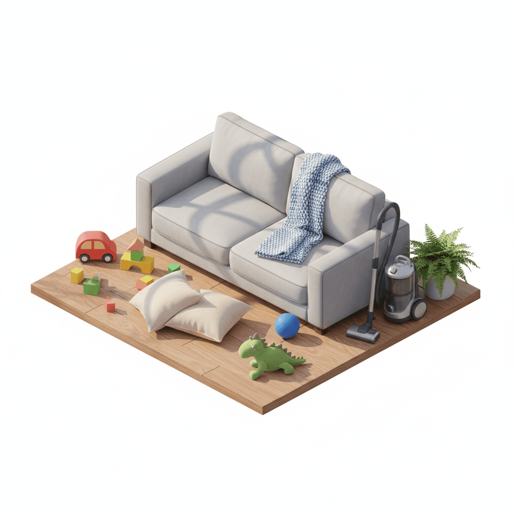 living room with toys scattered on the floor, pillows off the couch, blanket half folded, vacuum cleaner standing in the corner, natural morning light, cinematic messy home interior