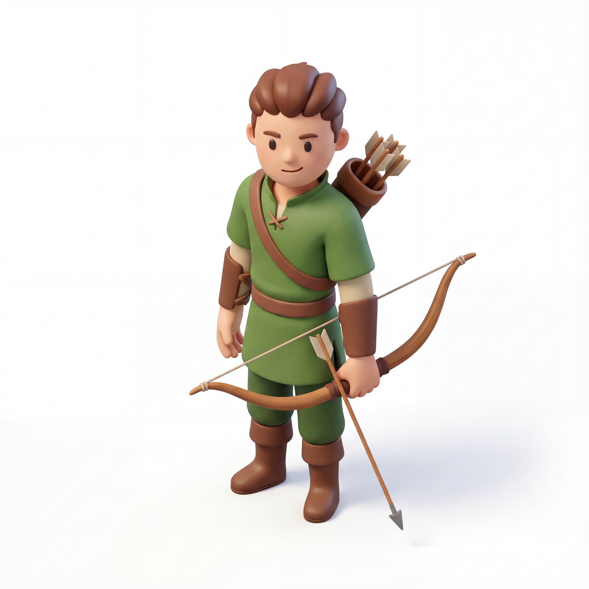 A 3D cartoon human fantasy archer character holding a bow at rest, soft rounded body proportions, focused calm expression, isolated character.
