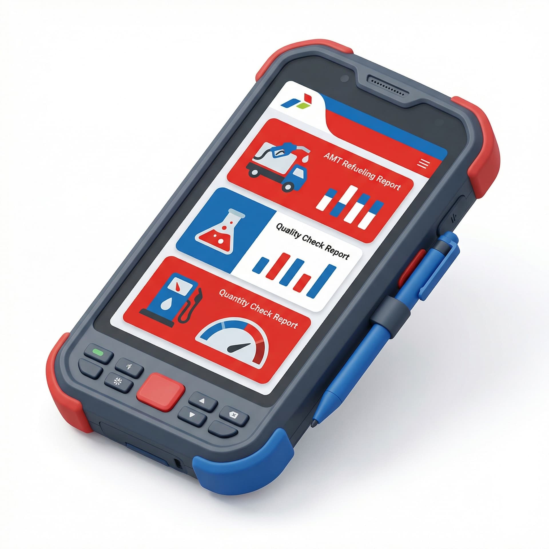 buatkan illustrasi gabungan dari Laporan pengisian BBM dari mobil AMT pertamina, Laporan pemeriksaan kualitas BBM, Laporan pengujian takaran BBM, tapi jangan bentuk tablet, jadi gabungkan semuanya di highlight pakai warna pertamina