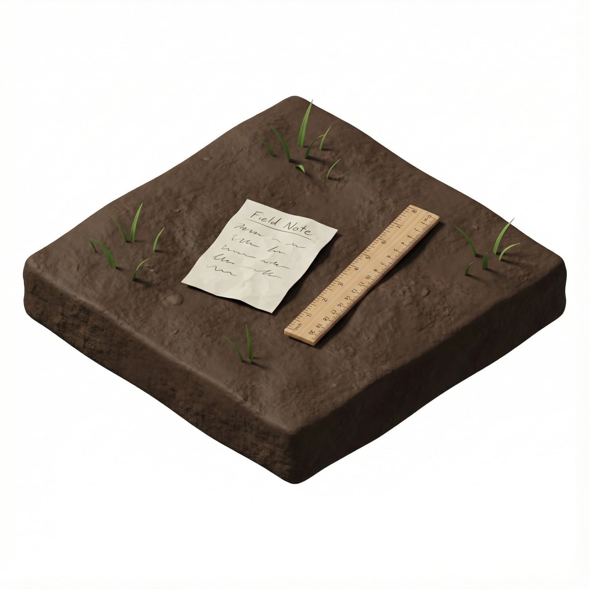 Hyper-realistic isometric soil tile with sparse low grass. Place a simple paper field note and a basic wooden ruler on top of the soil. No AI tools, no sensors, no plants. Manual observation tools only. Clean white background.