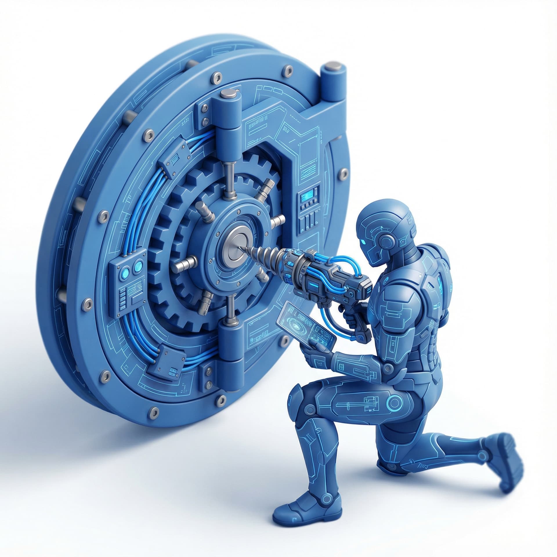 I want a high tech criminl breaking into a vault. In Blues: 
Detailed line, art technically rendered. Focus on mechanical precision and functional design. Subtle depth of field to highlight key components.