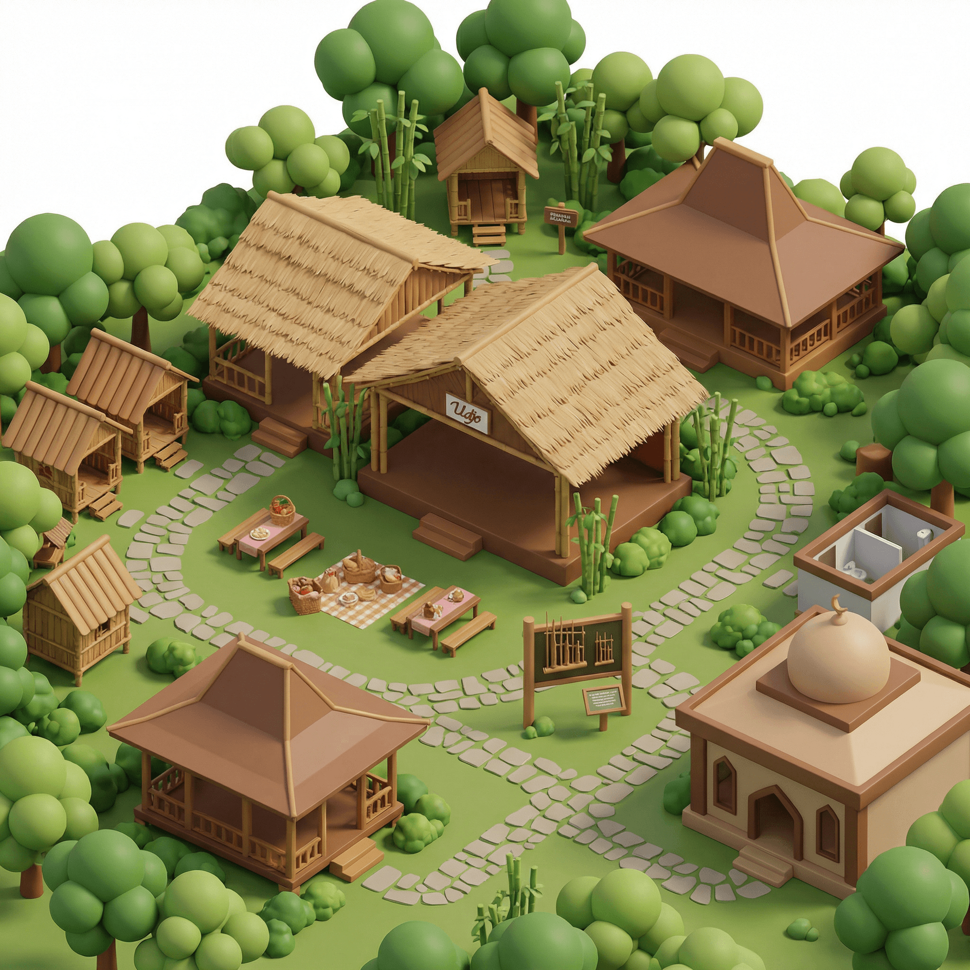 buatkanlah gambar map saung udjo di bandung dengan style cartoon 3d diisi dengan panggung saung udjo, pepohonan, saung, pendopo, aula, picnic makan, toilet, papan sejarah, musholla yang besar, dan jalan batu2 an warna palettenya coklat hijau, bikin mapnya sesuai dengan foto berikut