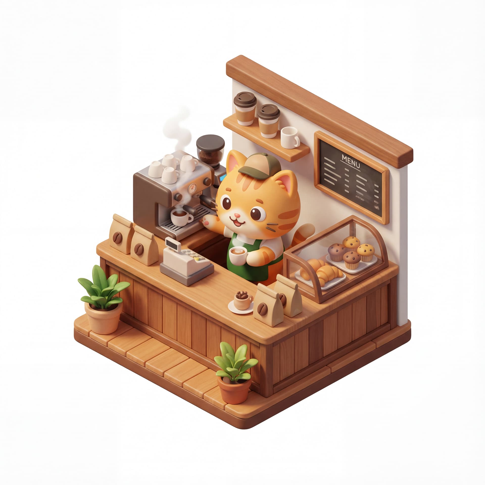 A cute cartoon illustration of a cat barista preparing coffee behind a counter, cozy café mood, cheerful character design, isolated on a white background.