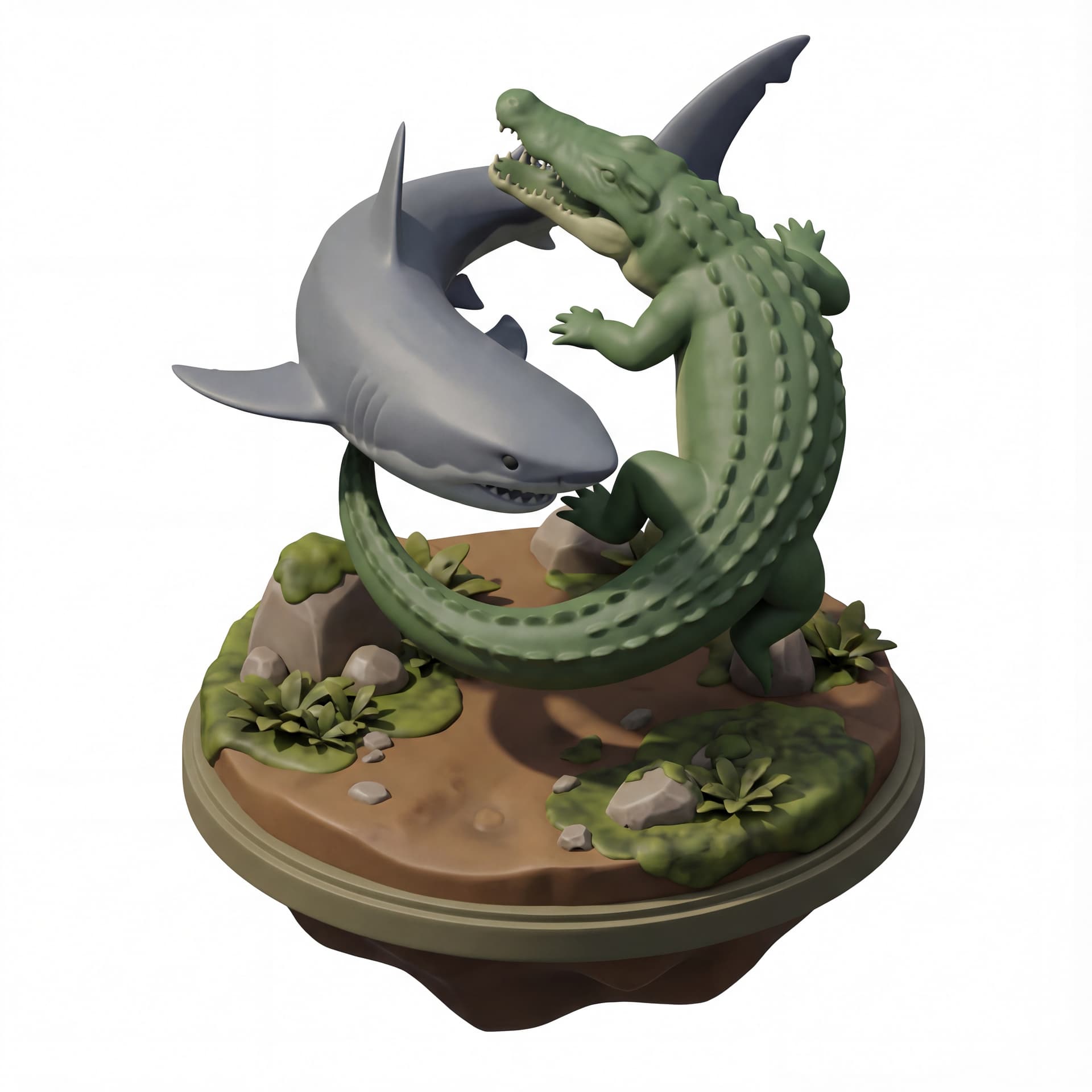Suro & Boyo statue, dynamic intertwined shark and crocodile silhouettes, floating island