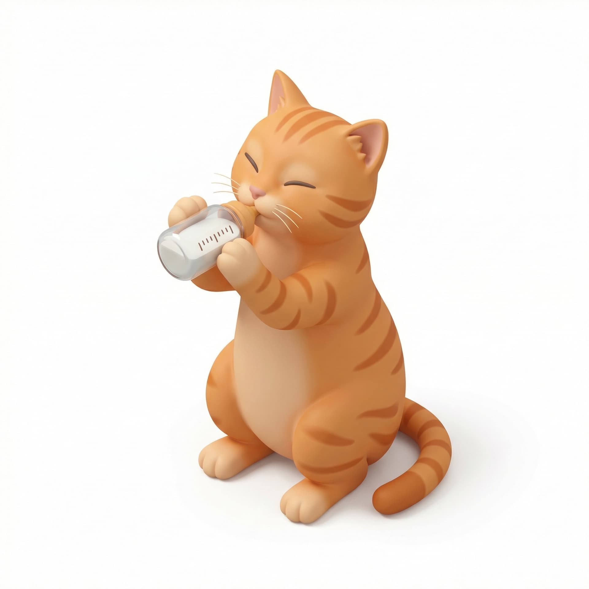 Bikin kucing warna oren lagi duduk sambil megang botol susu bayi terus matanya ketutup sambil minum susunya kayak bayi