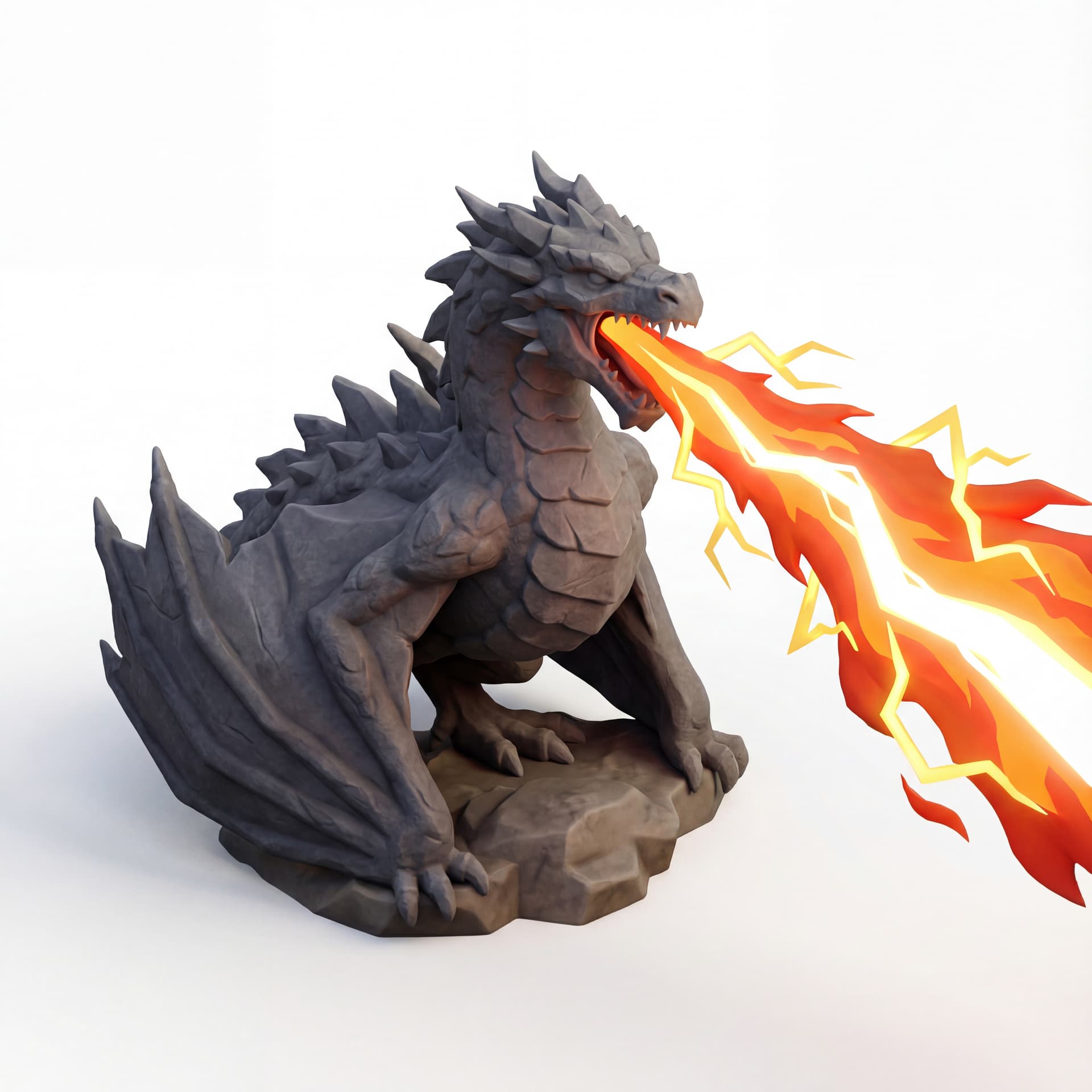 An isometric dragon with charcoal stone-textured scales roaring wide, expelling a thick flame jet threaded with yellow lightning bolts and a glowing white beam center.